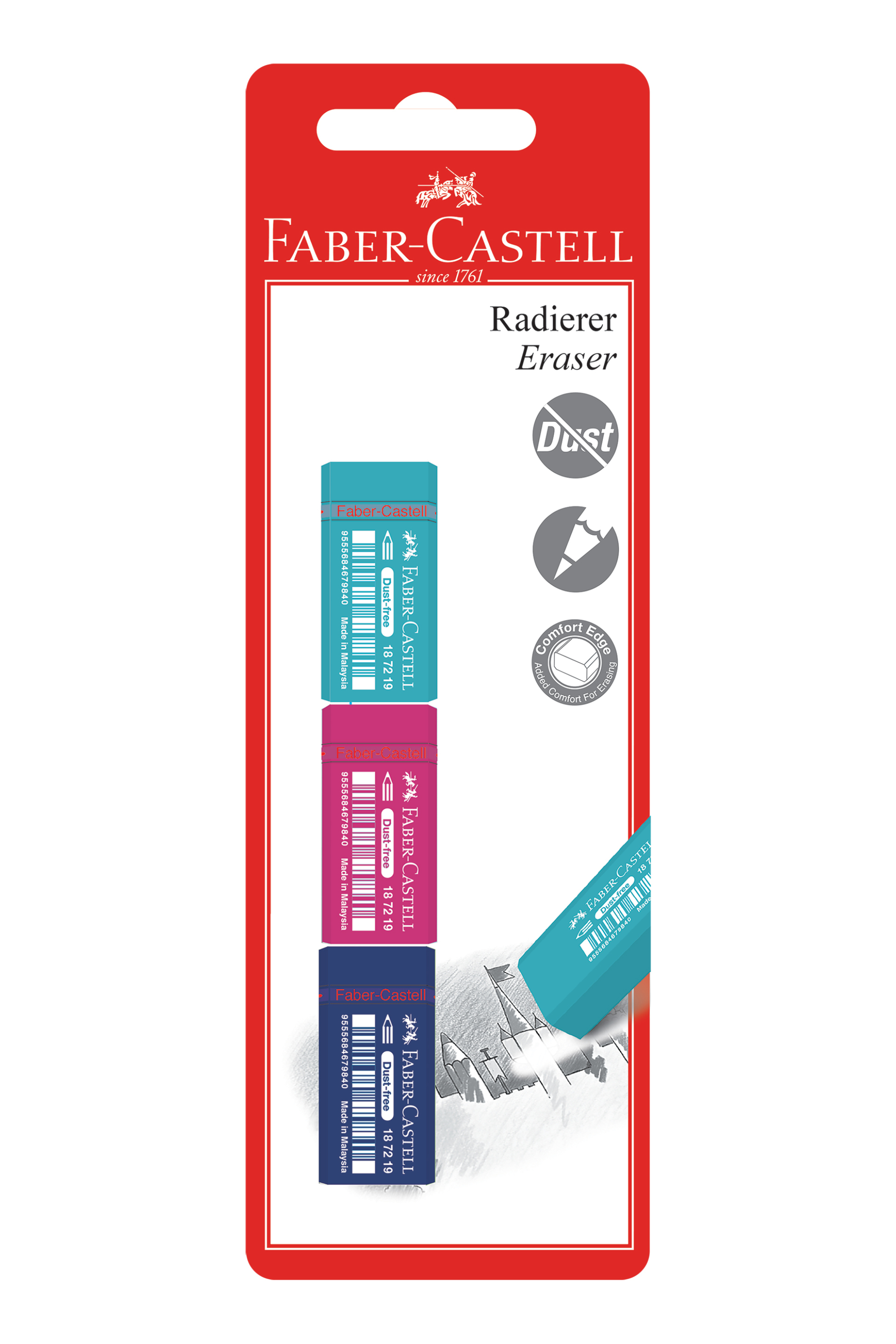 Home > ΔΙΑΚΟΣΜΗΣΗ > Γραφείο > Γραφική Ύλη > Γόμες Faber-Castell Blister 3 χρωματιστές γόμες Dust Free - 077187290
