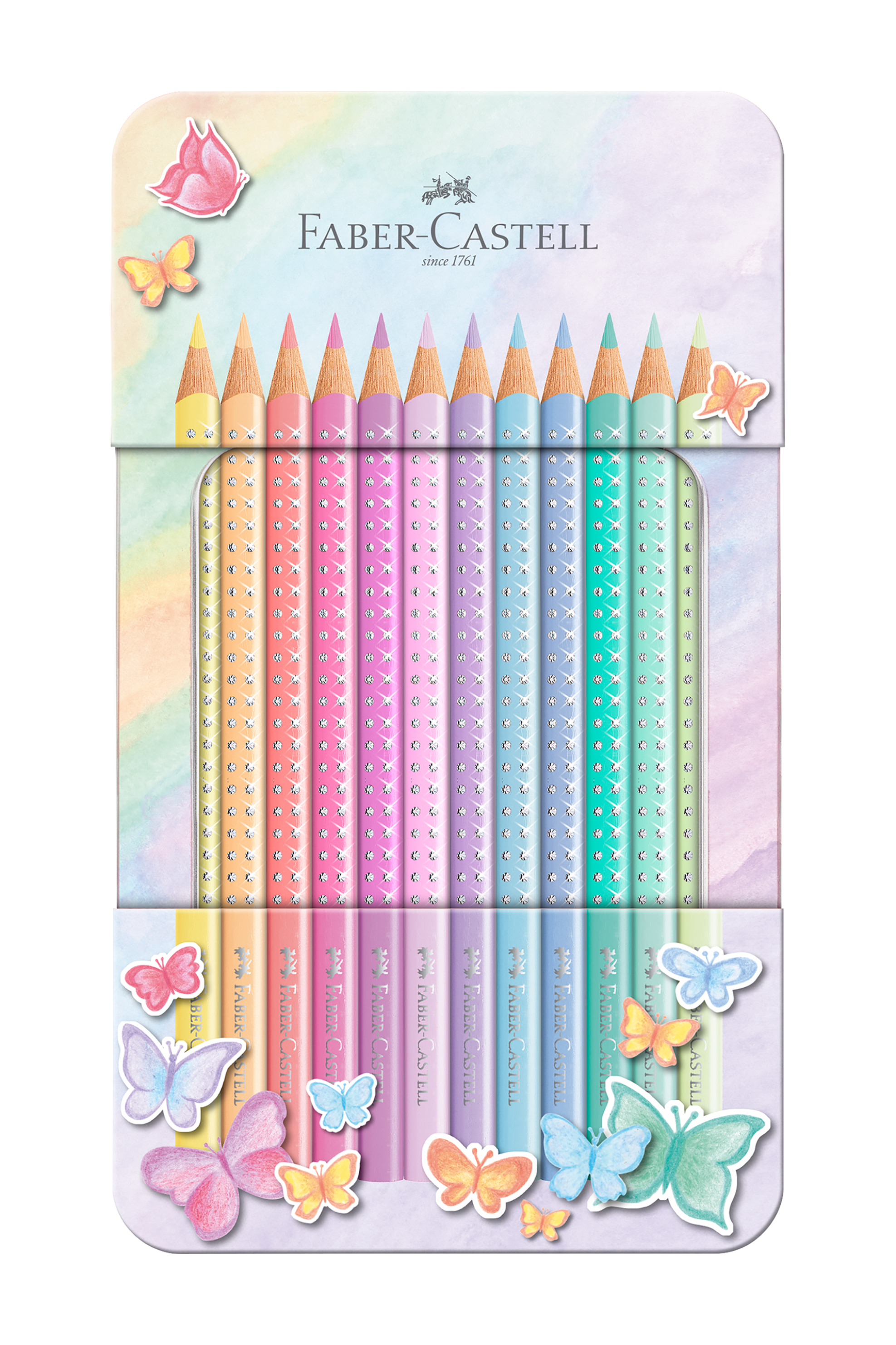 FABER-CASTELL Faber-Castell Μεταλλική κασετίνα 12 ξυλομπογιές Sparkle παστέλ - 077201910