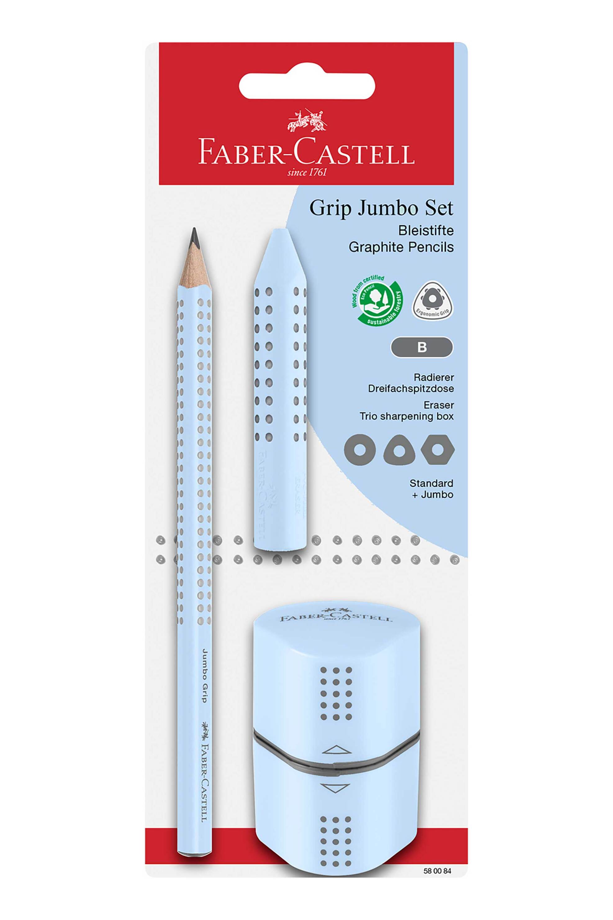 FABER-CASTELL Faber-Castell Blister σετ Grip 2001 Sky Blue 3 τεμάχια-1 Jumbo μολύβι Grip,1 τριγωνική γόμα Grip και 1 τριπλή ξύστρα Grip - 077580084