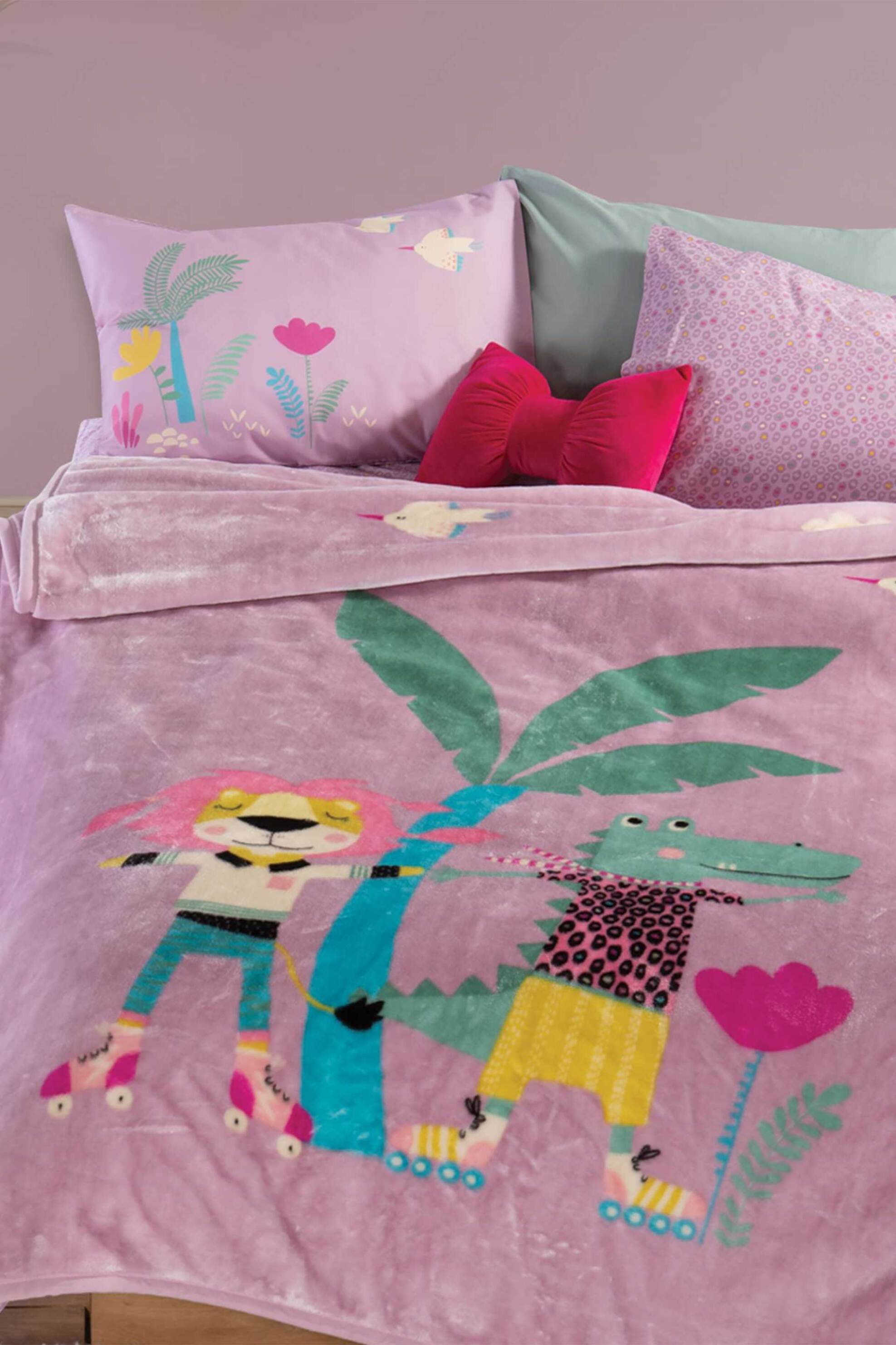 NEF-NEF παιδική κουβέρτα μονή fleece "Roller Friends" 160 x 220 cm - 038146 Ροζ