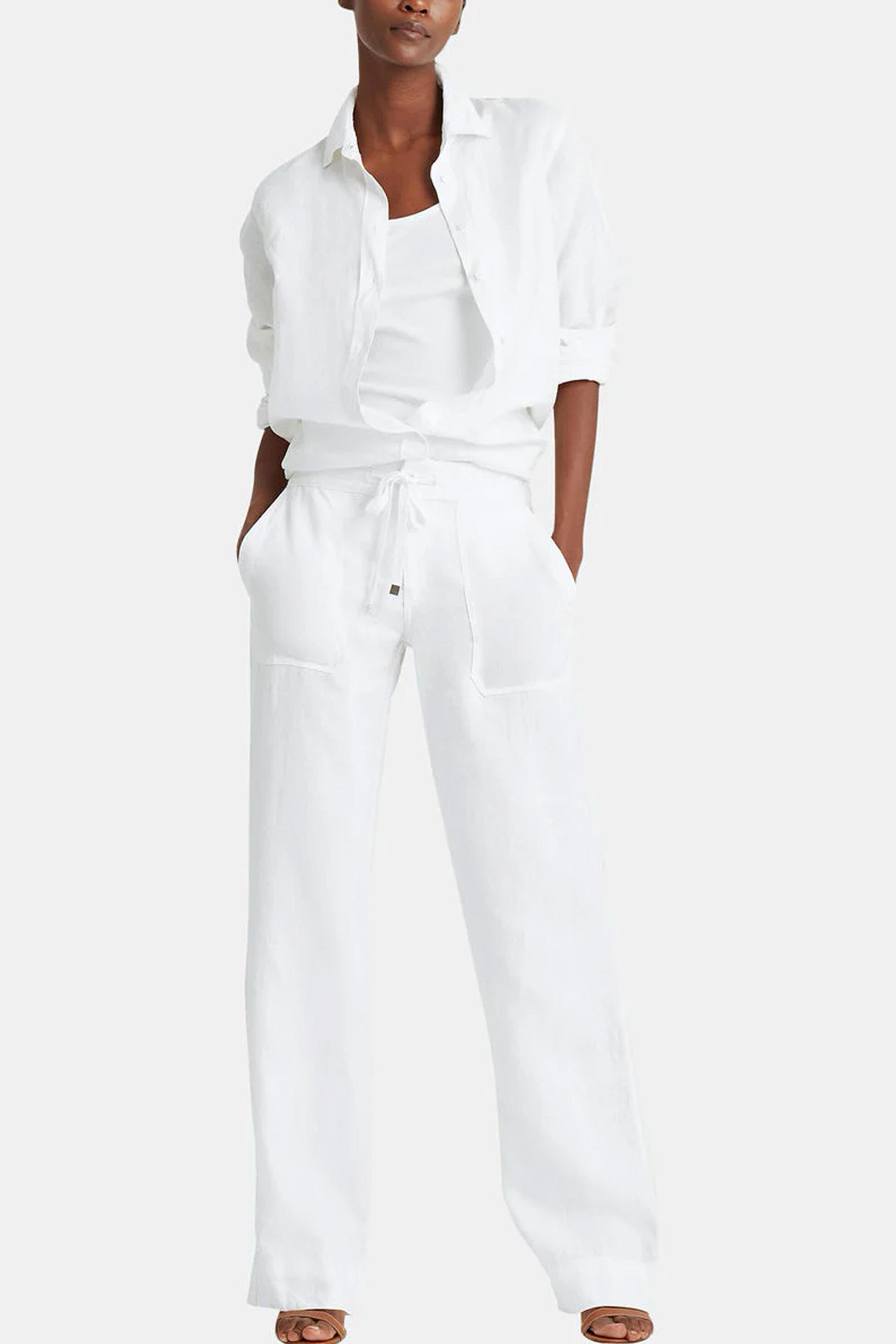 LAUREN RALPH LAUREN Lauren Ralph Lauren γυναικείο λινό παντελόνι μονόχρωμο "Linen Wide-Leg Trouser" - 200735138001 Λευκό