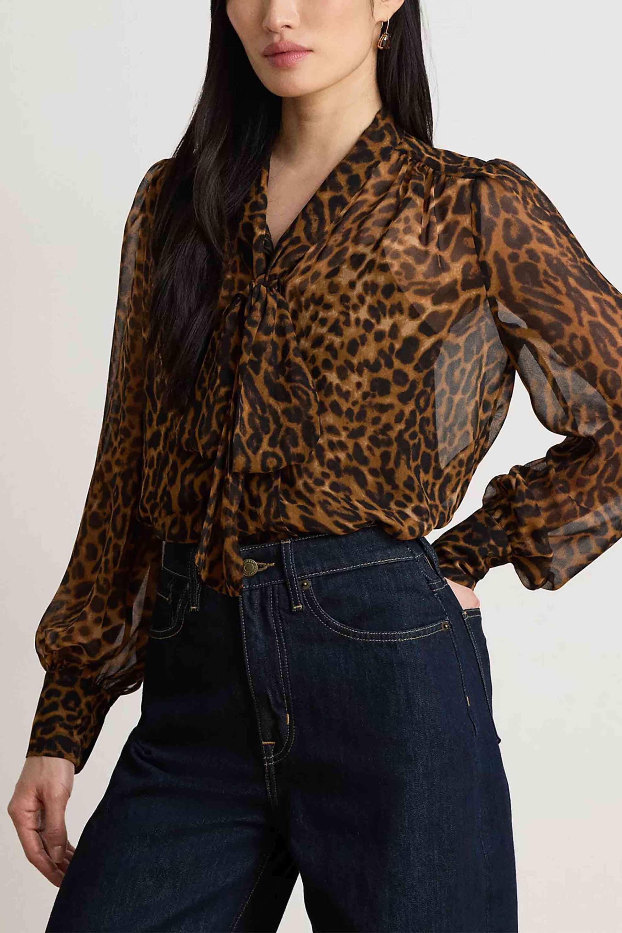 LAUREN RALPH LAUREN Lauren Ralph Lauren γυναικεία μπλούζα με φιόγκο animal print - 200B30180001 Μαύρο