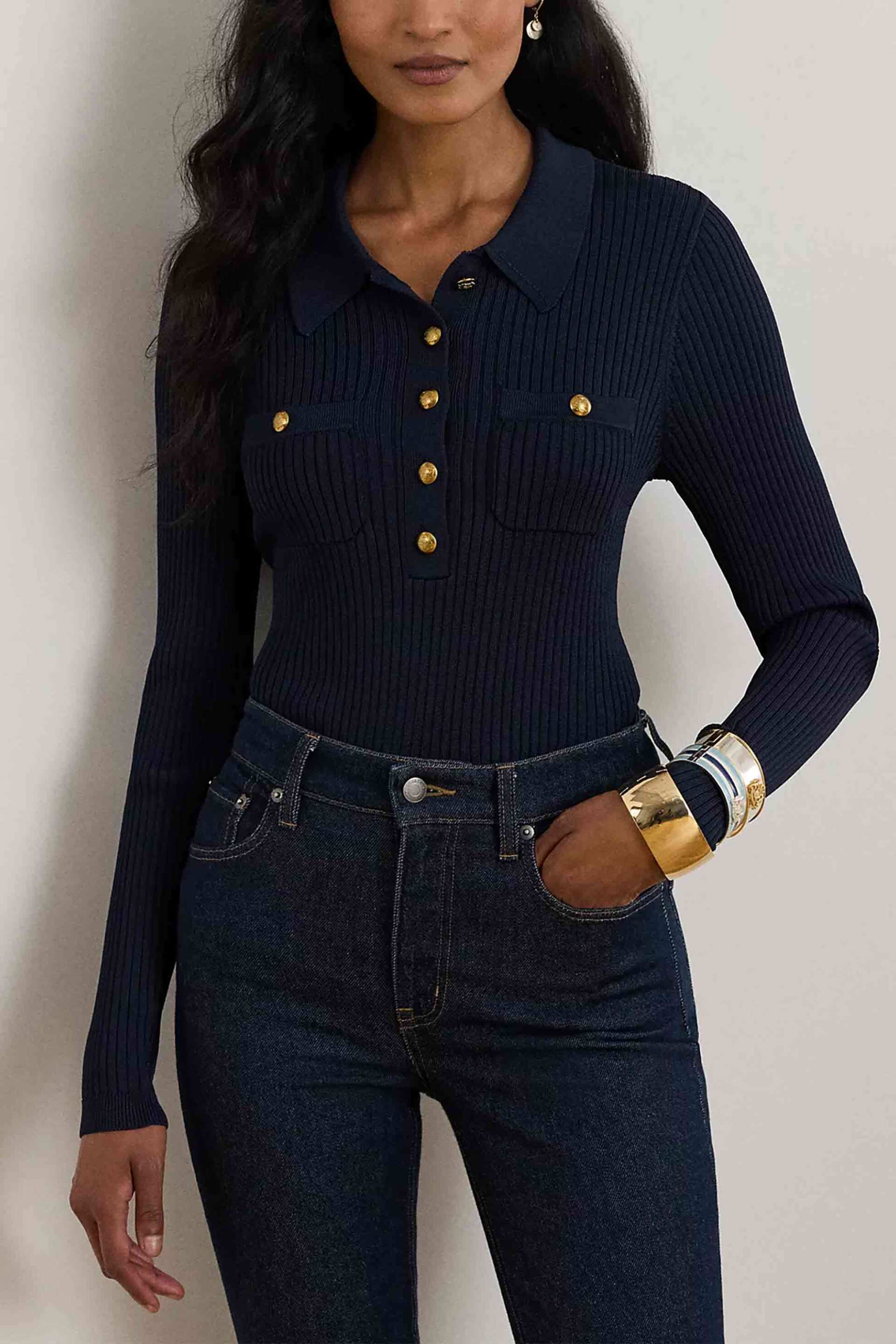 LAUREN RALPH LAUREN Lauren Ralph Lauren γυναικεία μπλούζα πλεκτή ribbed με πόλο γιακά - 200P03459001 Μαύρο