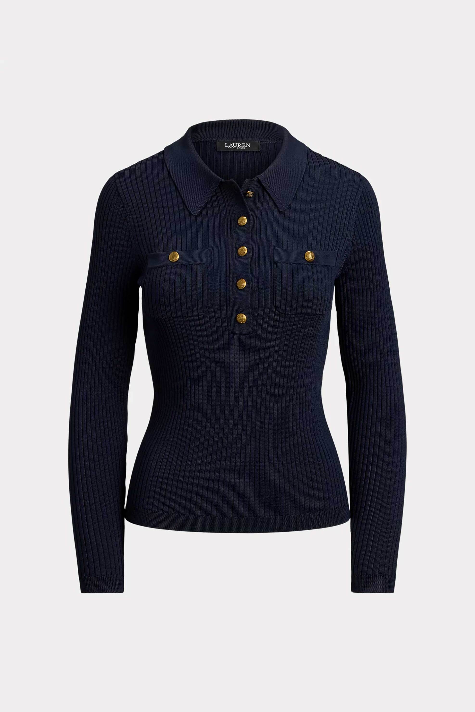LAUREN RALPH LAUREN Lauren Ralph Lauren γυναικεία μπλούζα πλεκτή ribbed με πόλο γιακά - 200P03459001 Μαύρο - 4