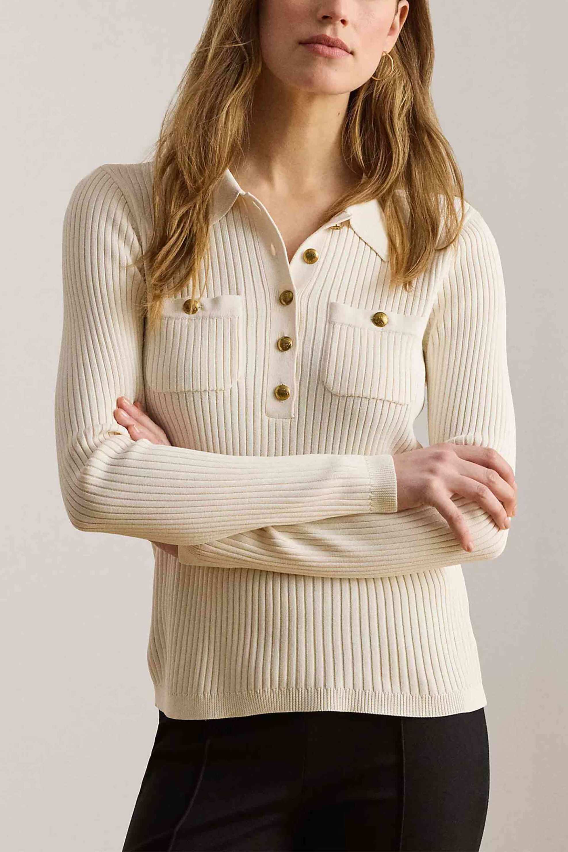Lauren Ralph Lauren γυναικεία ribbed μπλούζα με πόλο γιακά - 200P03459003 Μπεζ