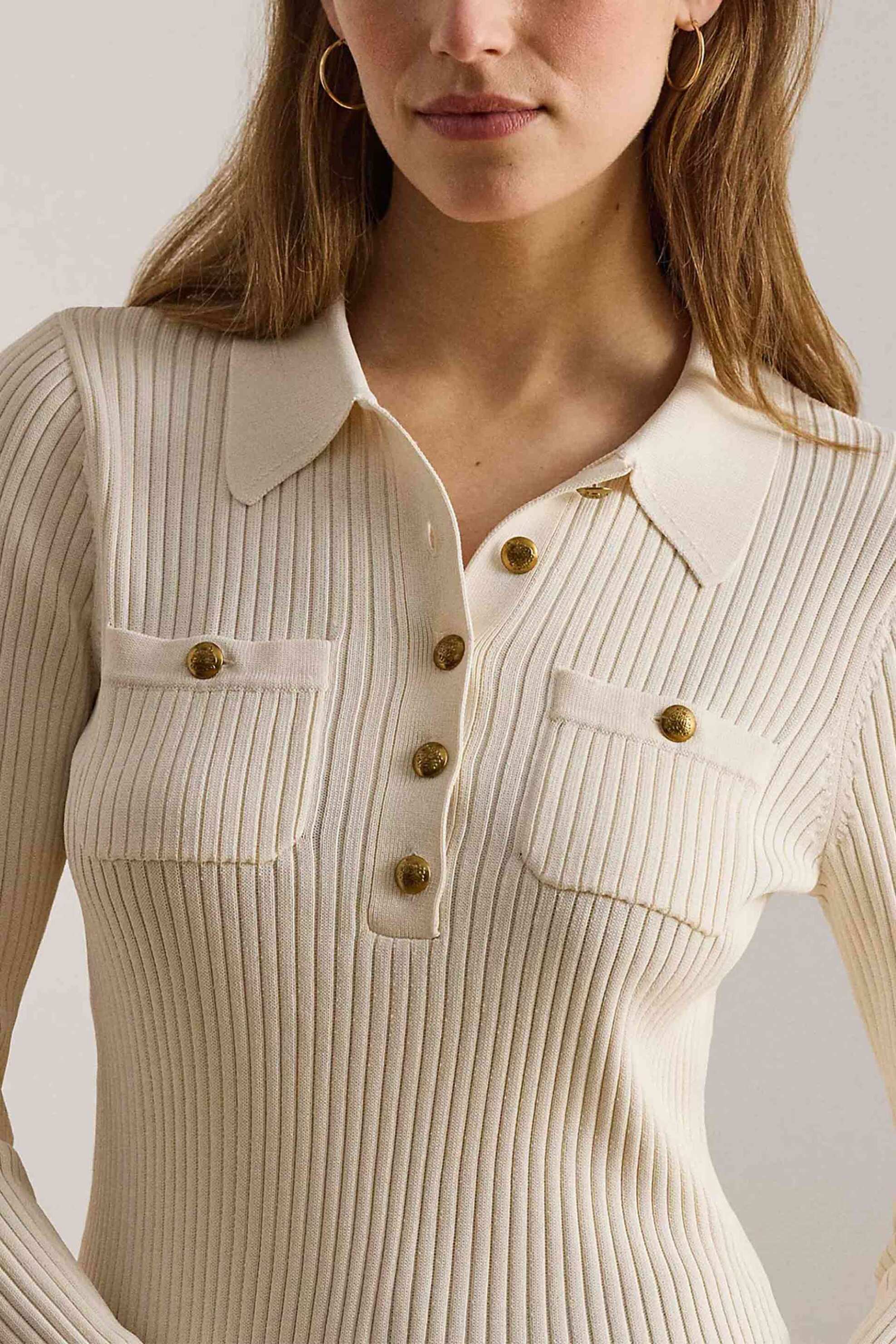 Lauren Ralph Lauren γυναικεία ribbed μπλούζα με πόλο γιακά - 200P03459003 Μπεζ