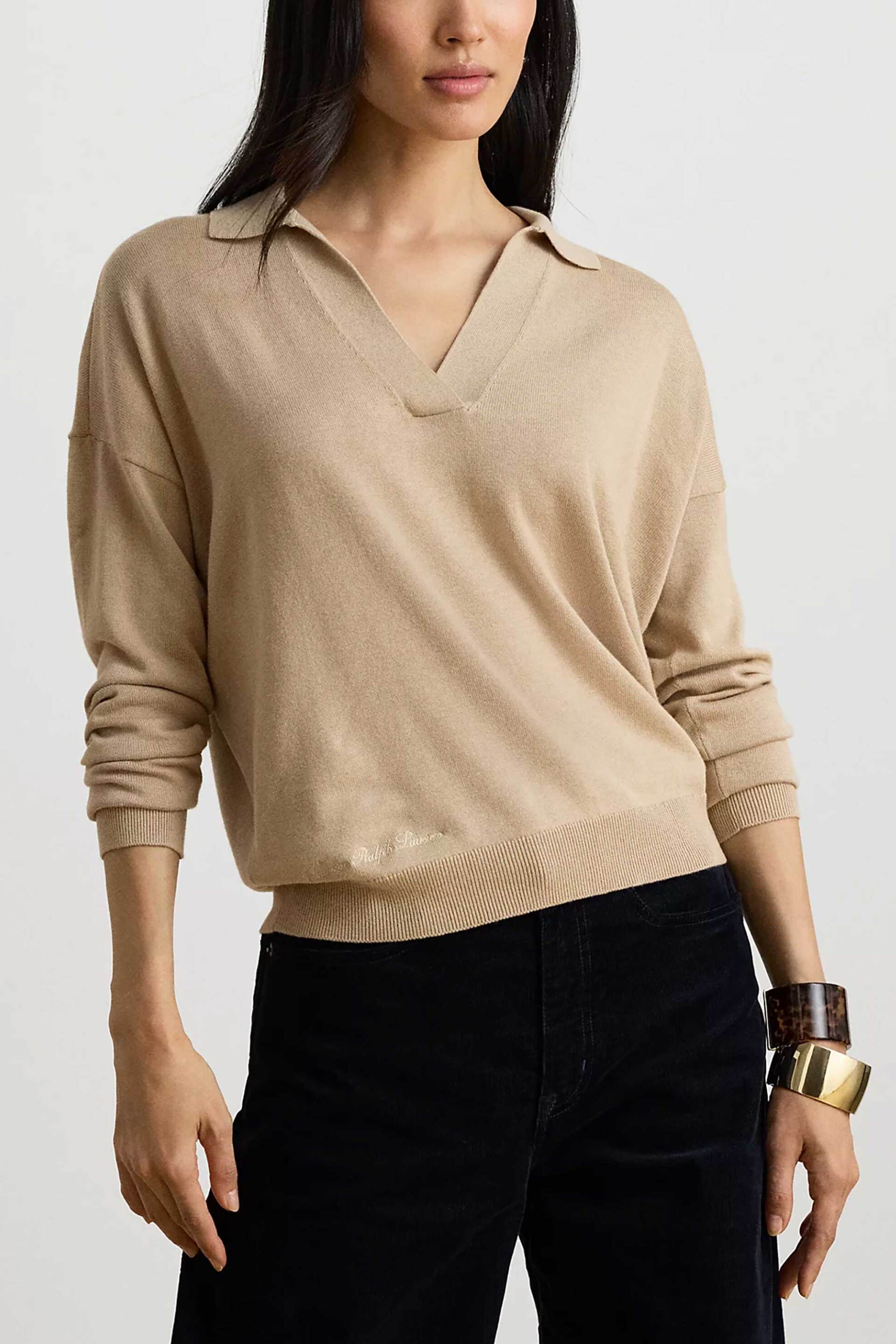 Lauren Ralph Lauren γυναικεία μπλούζα πλεκτή με πόλο γιακά - 200P14056500 Μπεζ