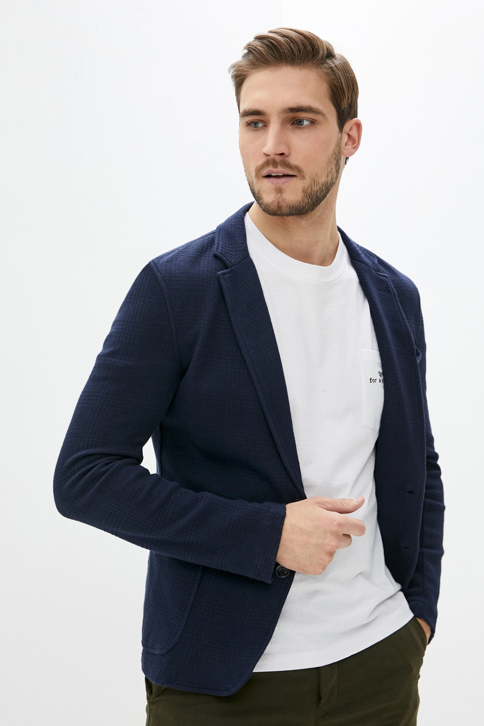 Trussardi ανδρικό σακάκι με καρό σχέδιο και απλικέ τσέπες - 52H00029-1T000762 Μπλε Σκούρο