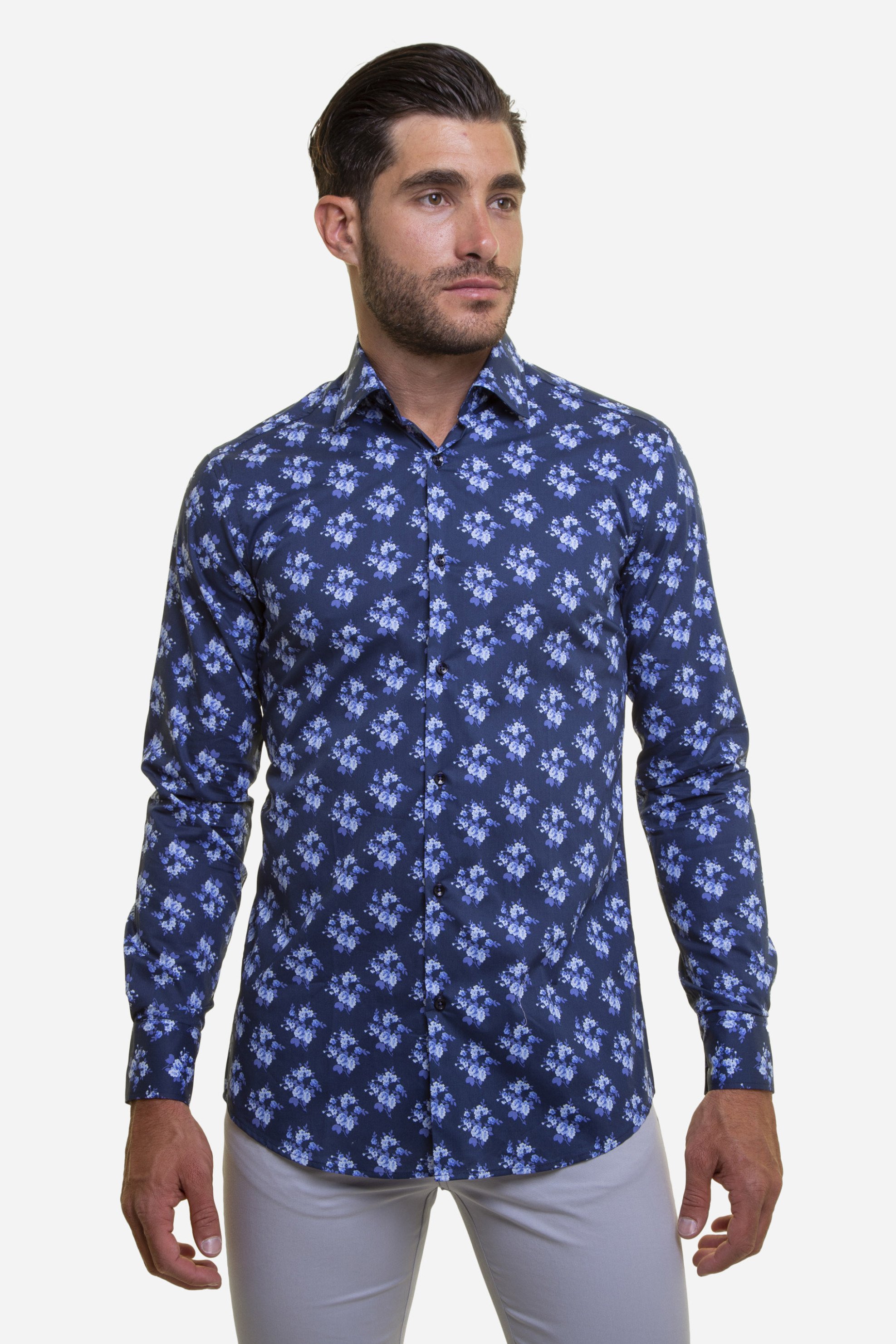THE BOSTONIANS The Bostonians ανδρικό πουκάμισο με floral print Slim Fit - ACP1865 Μπλε Σκούρο