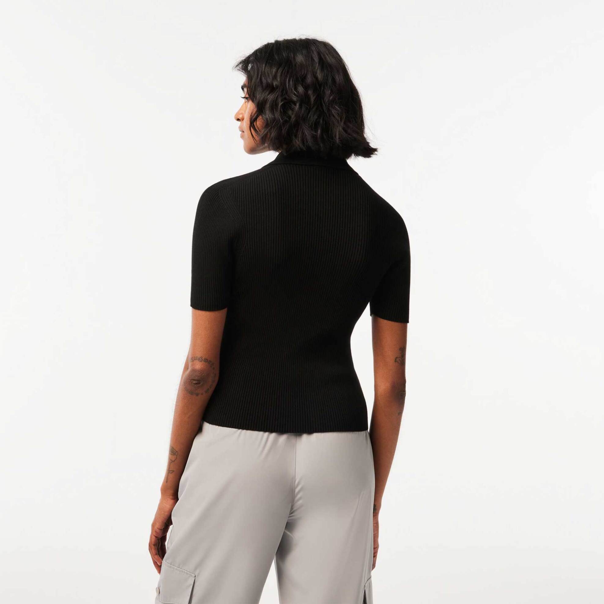 Lacoste γυναικεία πλεκτή πόλο μπλούζα μονόχρωμη με κεντημένο έμβλημα - AF4953 Μαύρο φωτογραφία