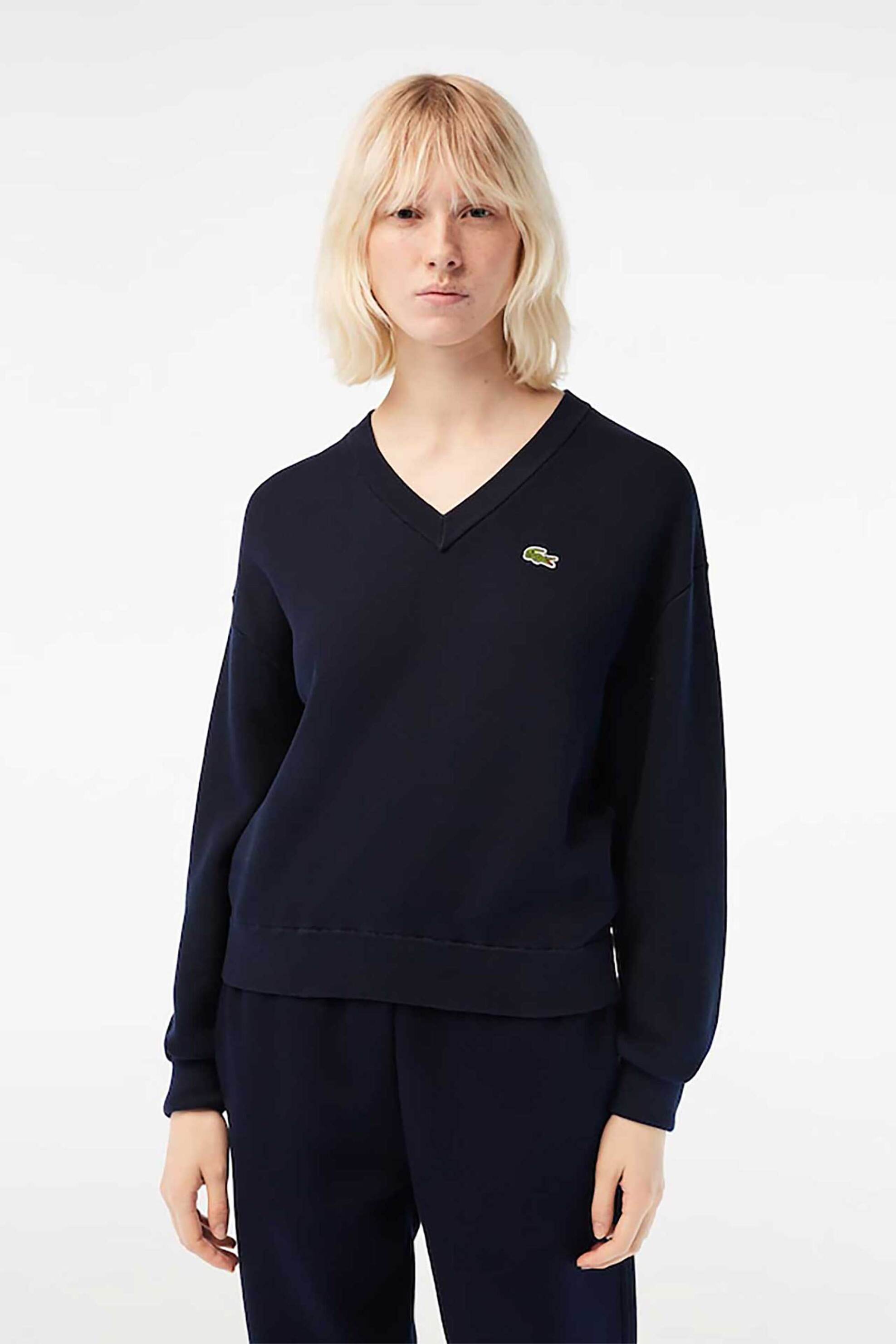 Lacoste Lacoste γυναικείο πλεκτό βαμβακερό πουλόβερ με contrast ρίγα στο μανίκι - AF5622 Μπλε Σκούρο 2025