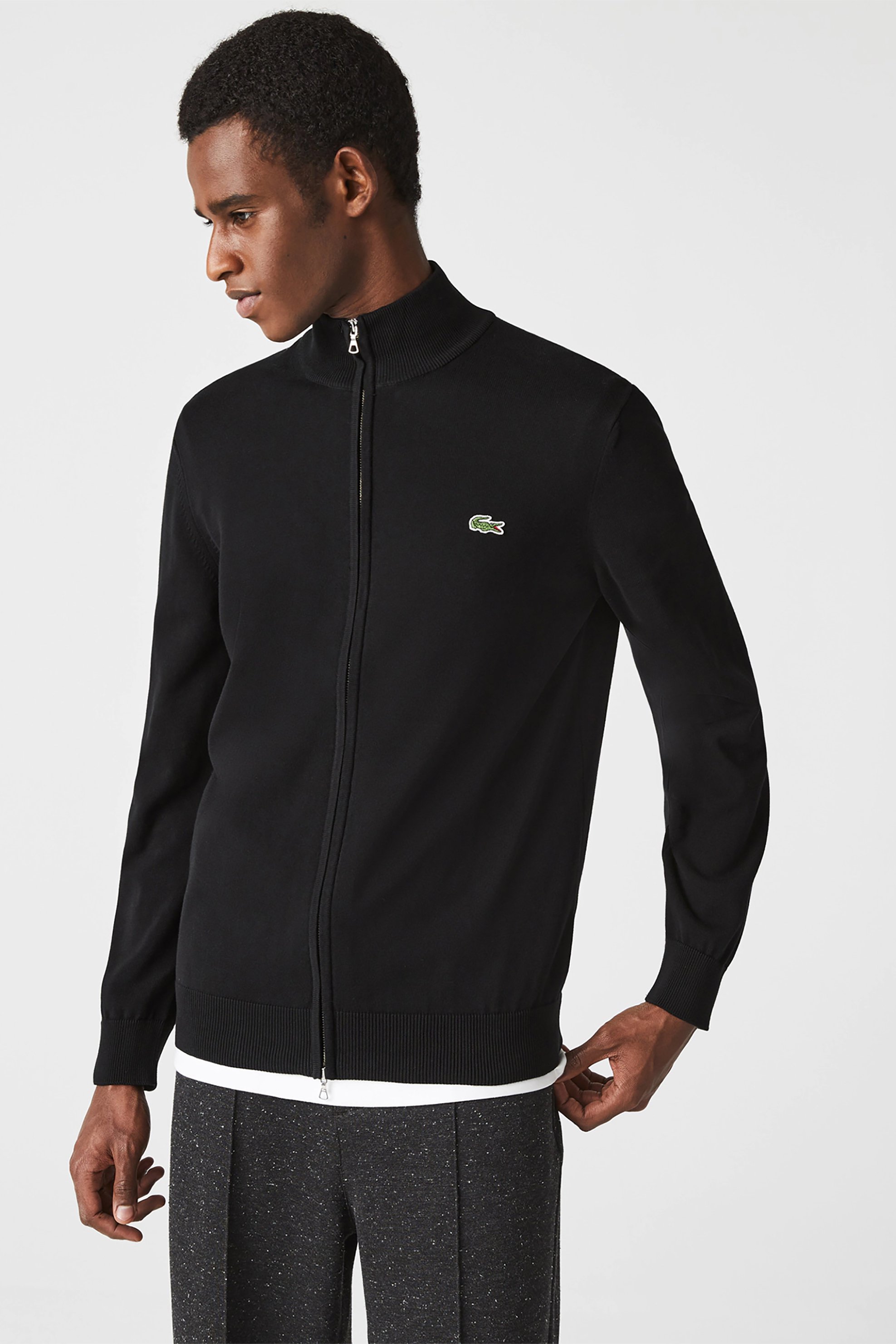 Lacoste ανδρική πλεκτή ζακέτα με ψηλό λαιμό και κεντημένο λογότυπο Regular Fit - AH1957 Μαύρο