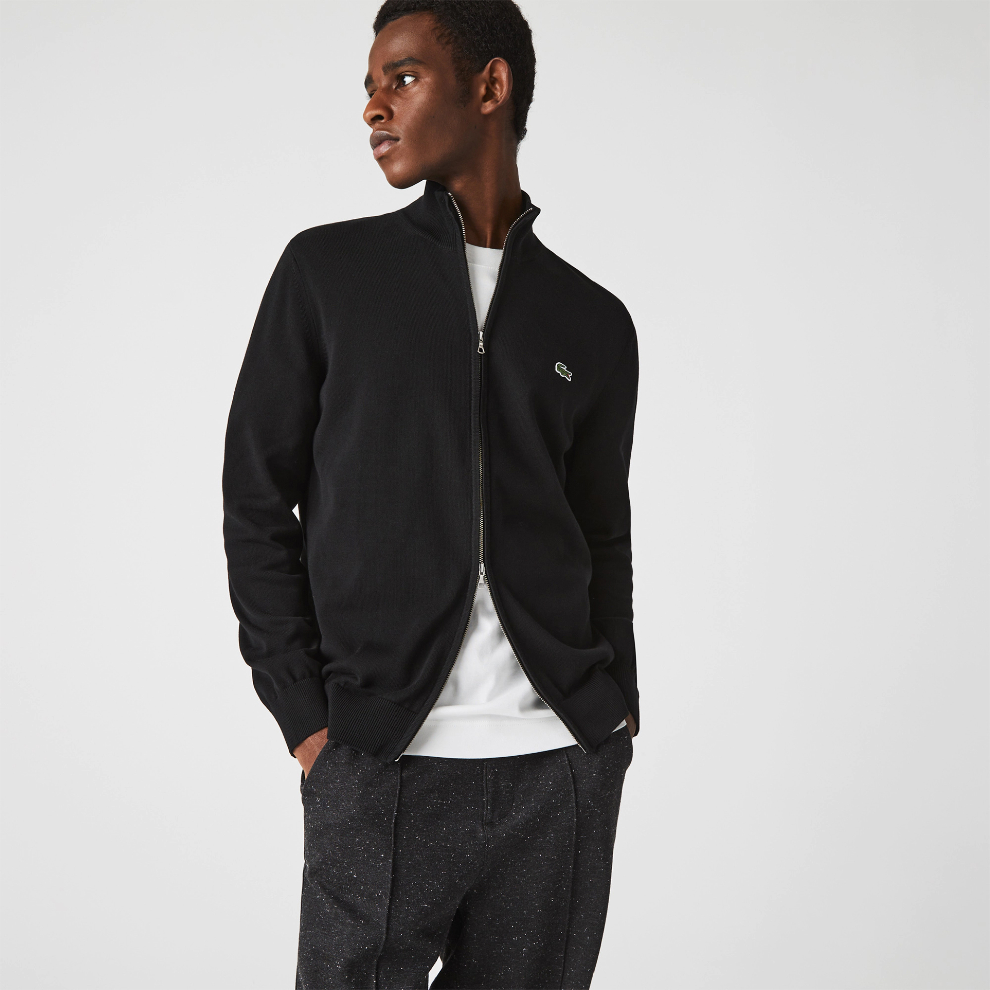 Lacoste ανδρική πλεκτή ζακέτα με ψηλό λαιμό και κεντημένο λογότυπο Regular Fit - AH1957 Μαύρο φωτογραφία