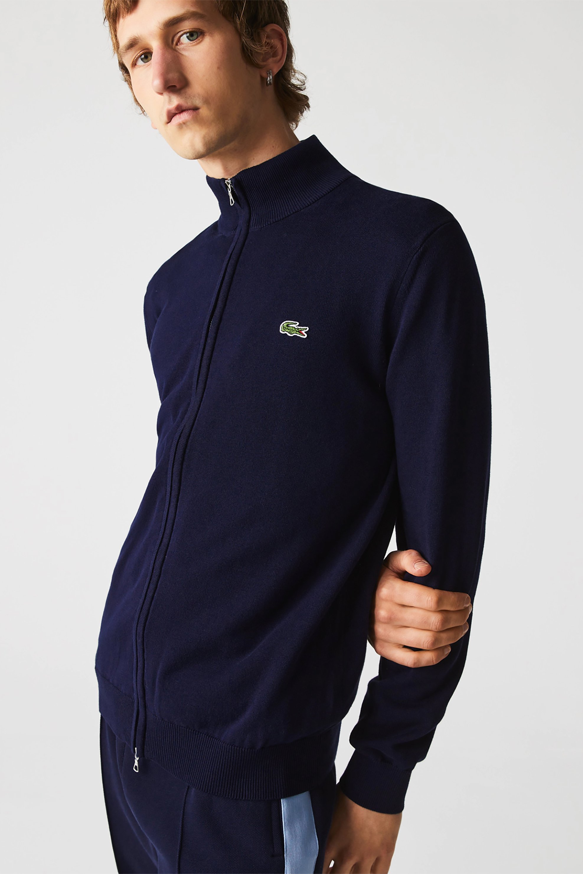 Lacoste ανδρική πλεκτή ζακέτα με ψηλό λαιμό και κεντημένο λογότυπο Regular Fit - AH1957 Μπλε Σκούρο
