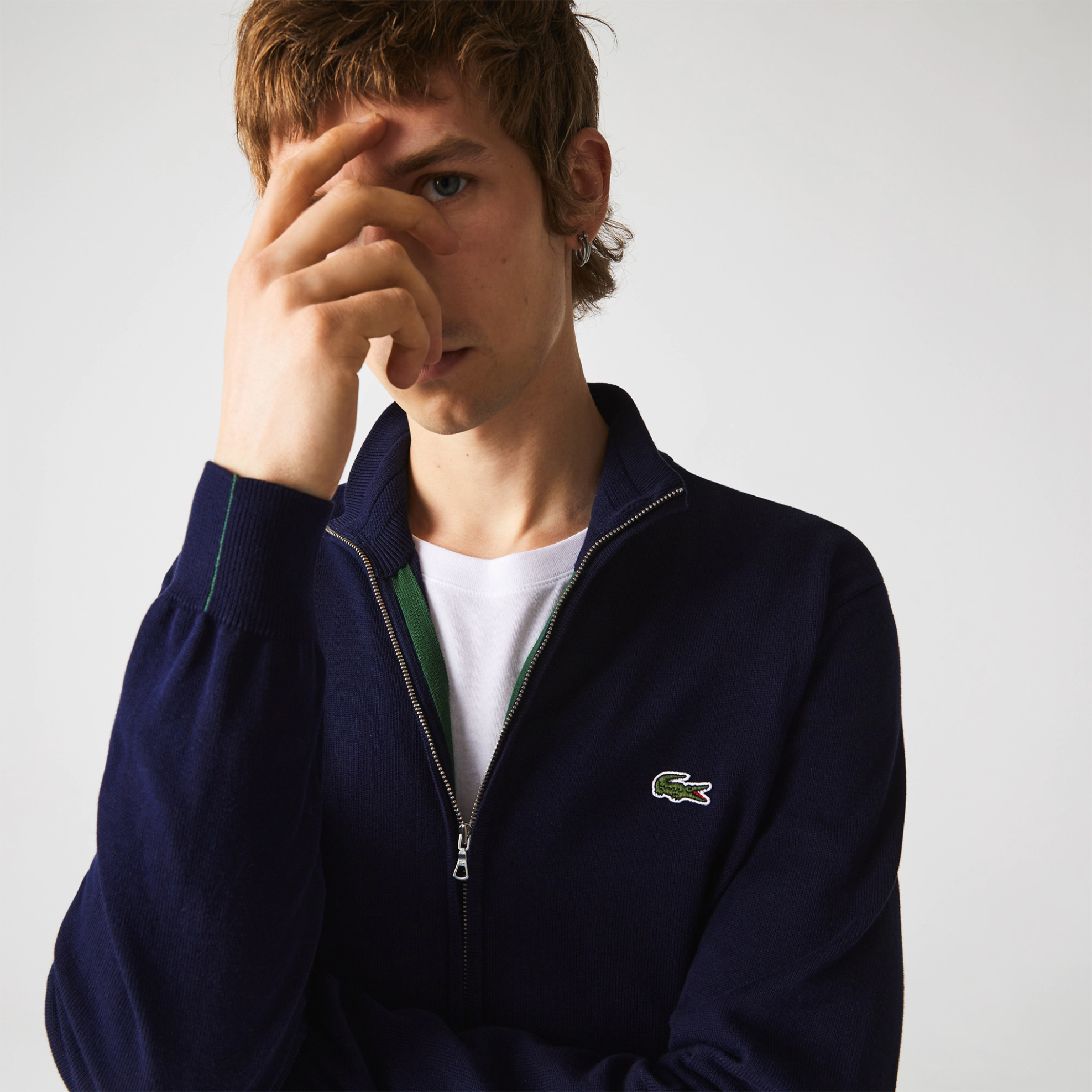 Lacoste ανδρική πλεκτή ζακέτα με ψηλό λαιμό και κεντημένο λογότυπο Regular Fit - AH1957 Μπλε Σκούρο φωτογραφία