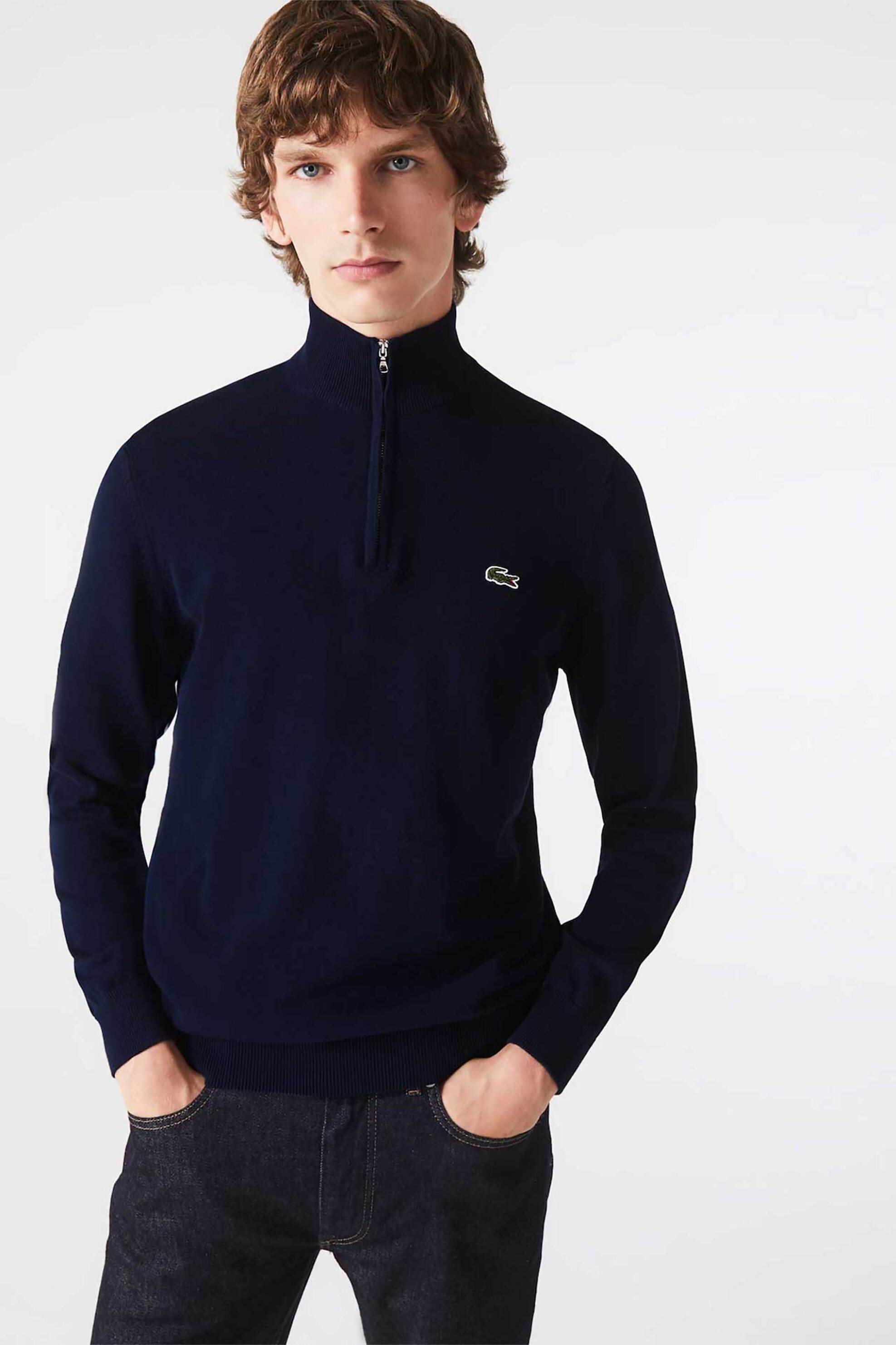 Lacoste ανδρικό πουλόβερ με 1/2 φερμουάρ και κεντημένο λογότυπο - AH1980 Μπλε Σκούρο