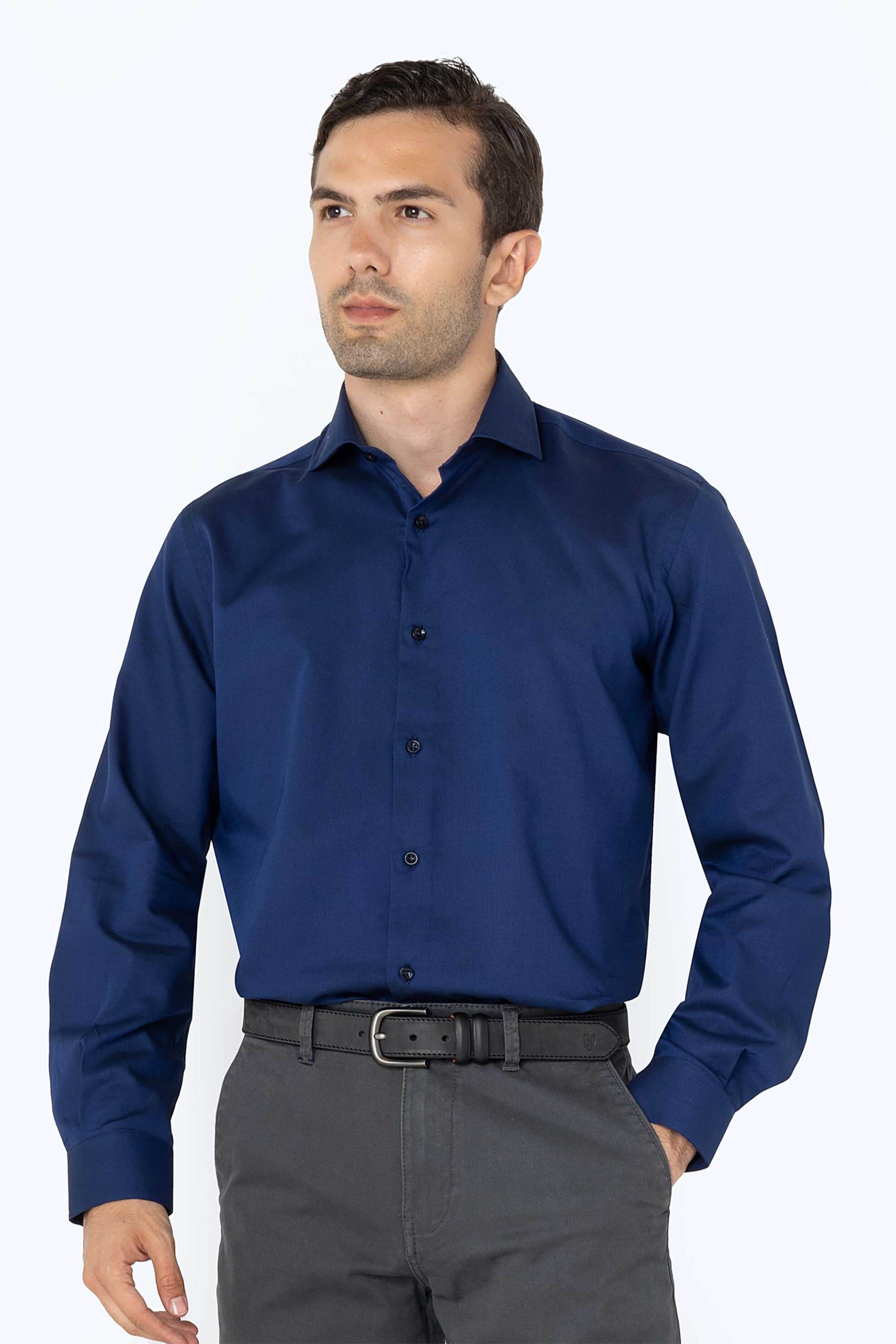 The Bostonians ανδρικό πουκάμισο μονόχρωμο με κεντημένο λογότυπο στο μανίκι Custom Fit "Dobby" - ANP2237 Μπλε Σκούρο