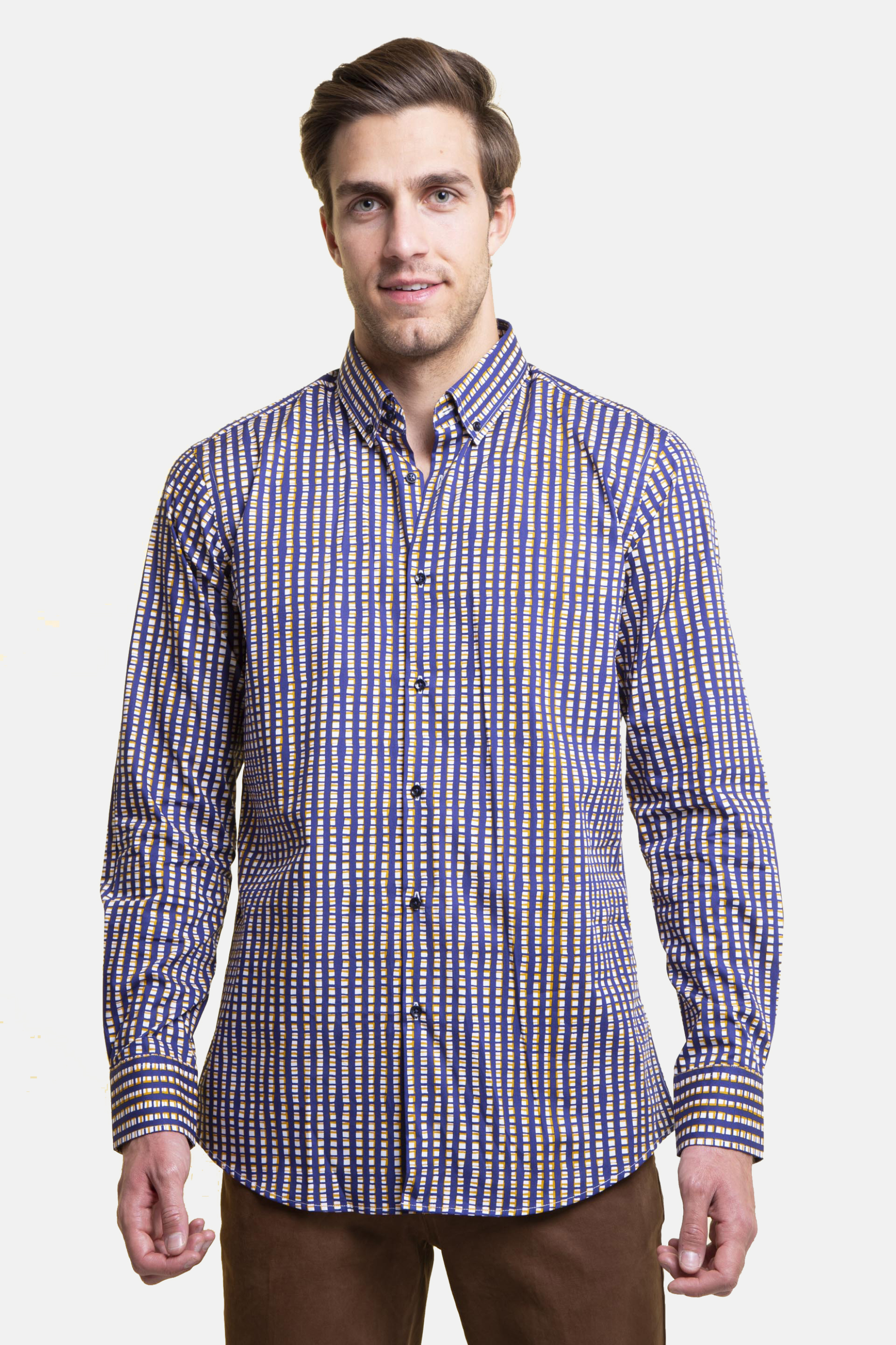 The Bostonians ανδρικό βαμβακερό πουκάμισο με καρό σχέδιο και κουμπί πίσω στον γιακά - AYP2140 Μπλε Σκούρο