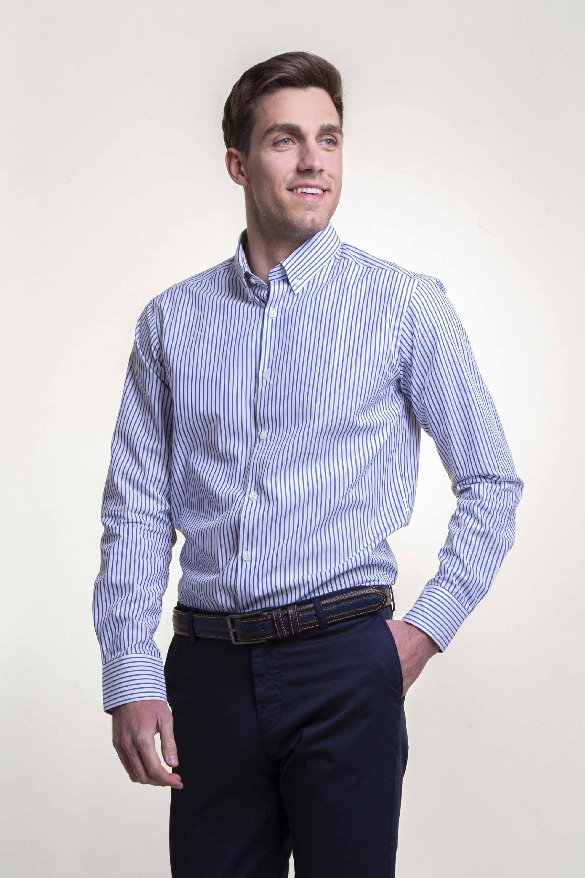 The Bostonians ανδρικό πουκάμισο button down με ριγέ σχέδιο και κεντημένο λογότυπο στο μανίκι - AYS4720 Μπλε