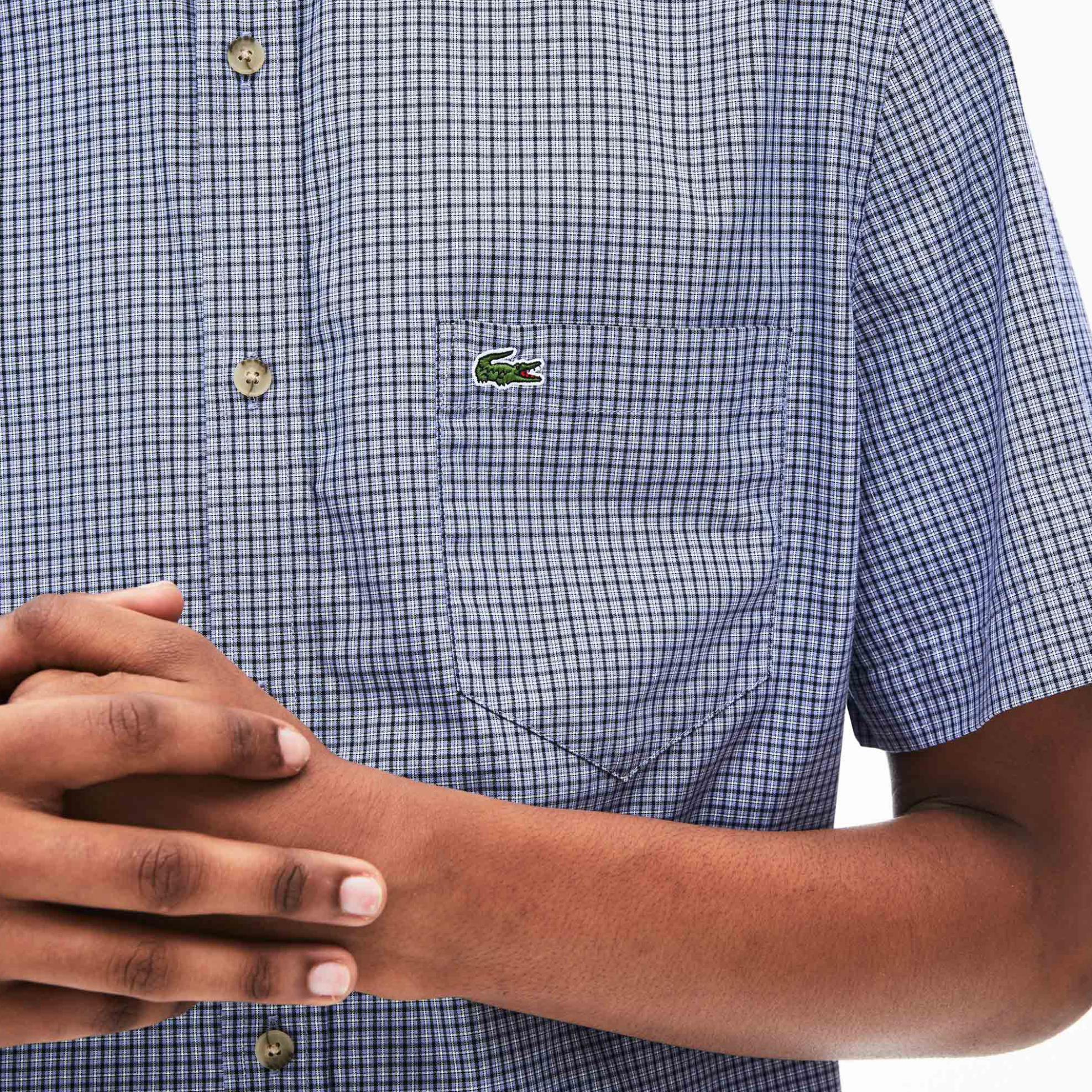 Lacoste Ανδρικό Καρό Πουκάμισο με Κοντό Μανίκι Regular Fit - Ch0004 Μπλε Σκούρο