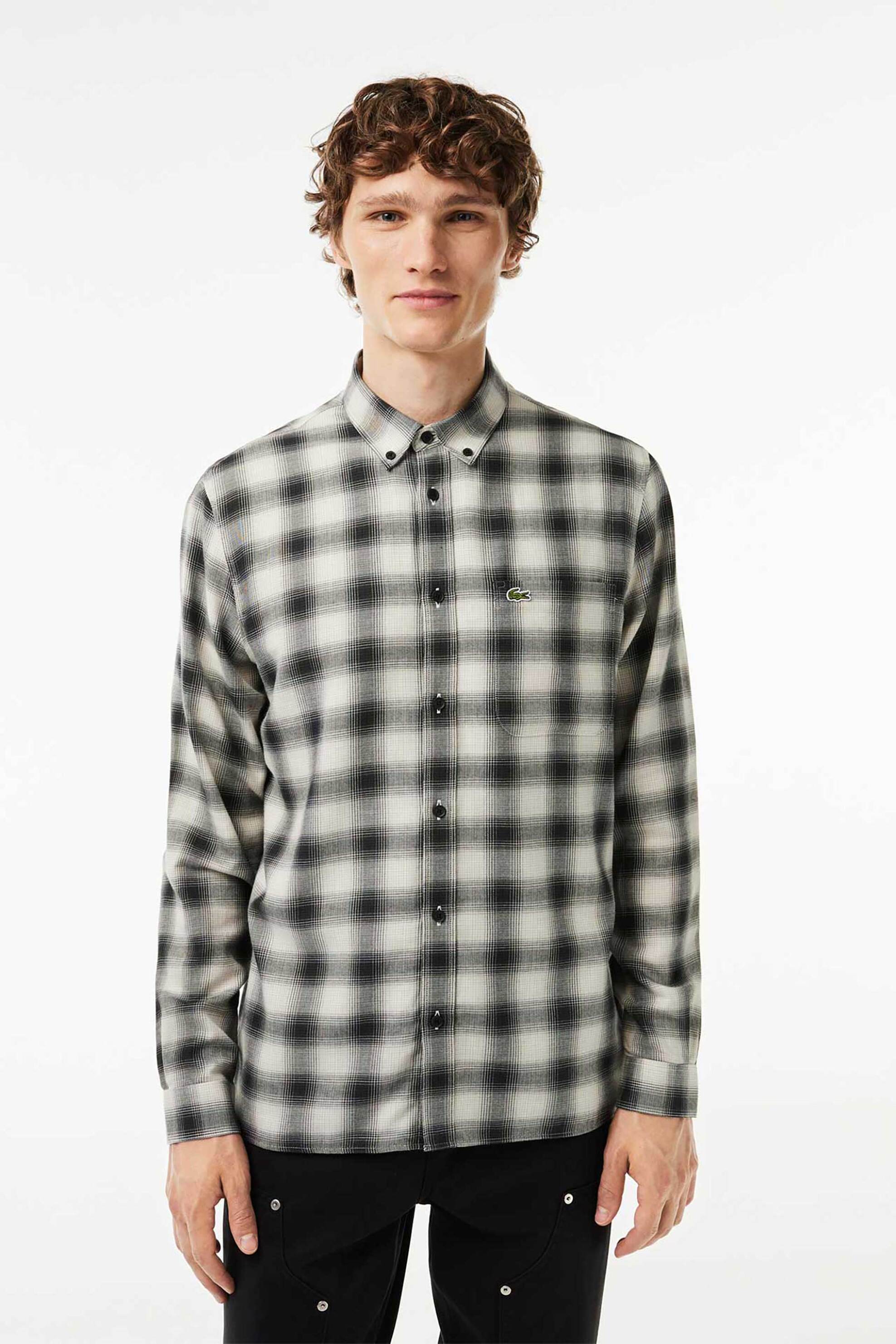 LACOSTE Lacoste ανδρικό πουκάμισο από βαμβάκι και μαλλί με καρό σχέδιο και κεντημένο έμβλημα - CH1868 Μαύρο