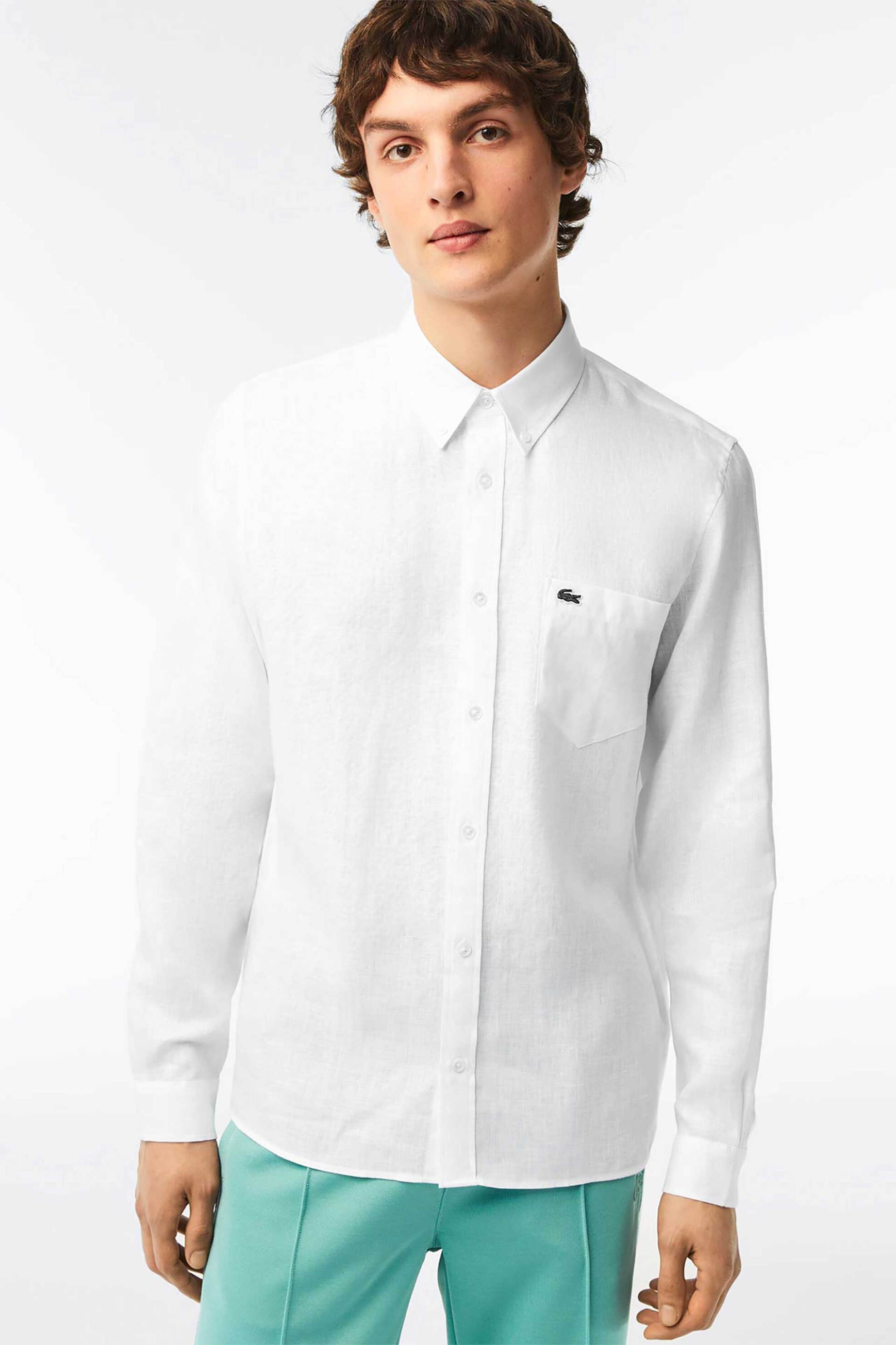 LACOSTE Lacoste ανδρικό λινό πουκάμισο button down με τσέπη και κεντημένο λογότυπο Regular Fit - CH5692 Λευκό