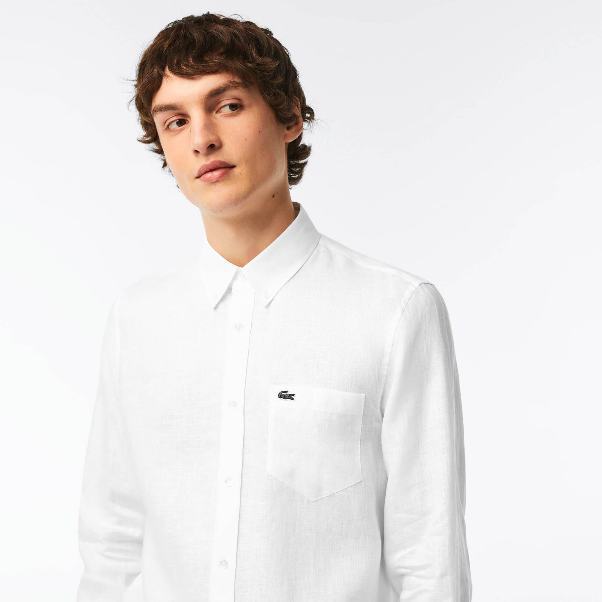 Lacoste ανδρικό λινό πουκάμισο button down με τσέπη και κεντημένο λογότυπο Regular Fit - CH5692 Λευκό φωτογραφία