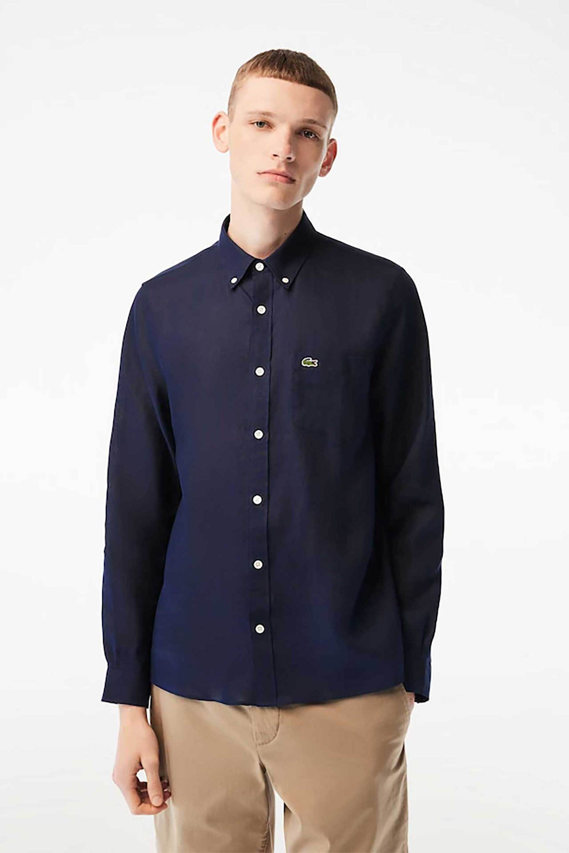Lacoste ανδρικό λινό πουκάμισο button down με τσέπη και κεντημένο λογότυπο Regular Fit - CH5692 Μπλε Marine
