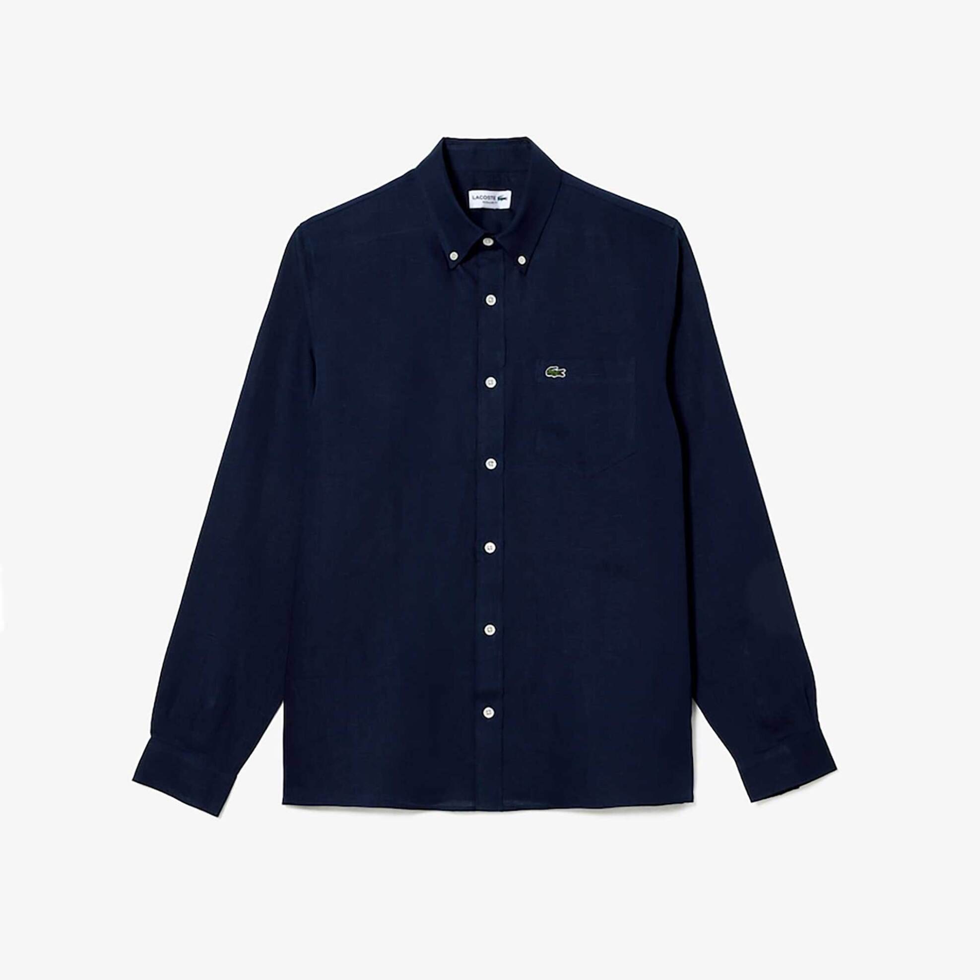 Lacoste Ανδρικό Λινό Πουκάμισο Button Down με Τσέπη Και Κεντημένο Λογότυπο Regular Fit - Ch5692 Μπλε Marine