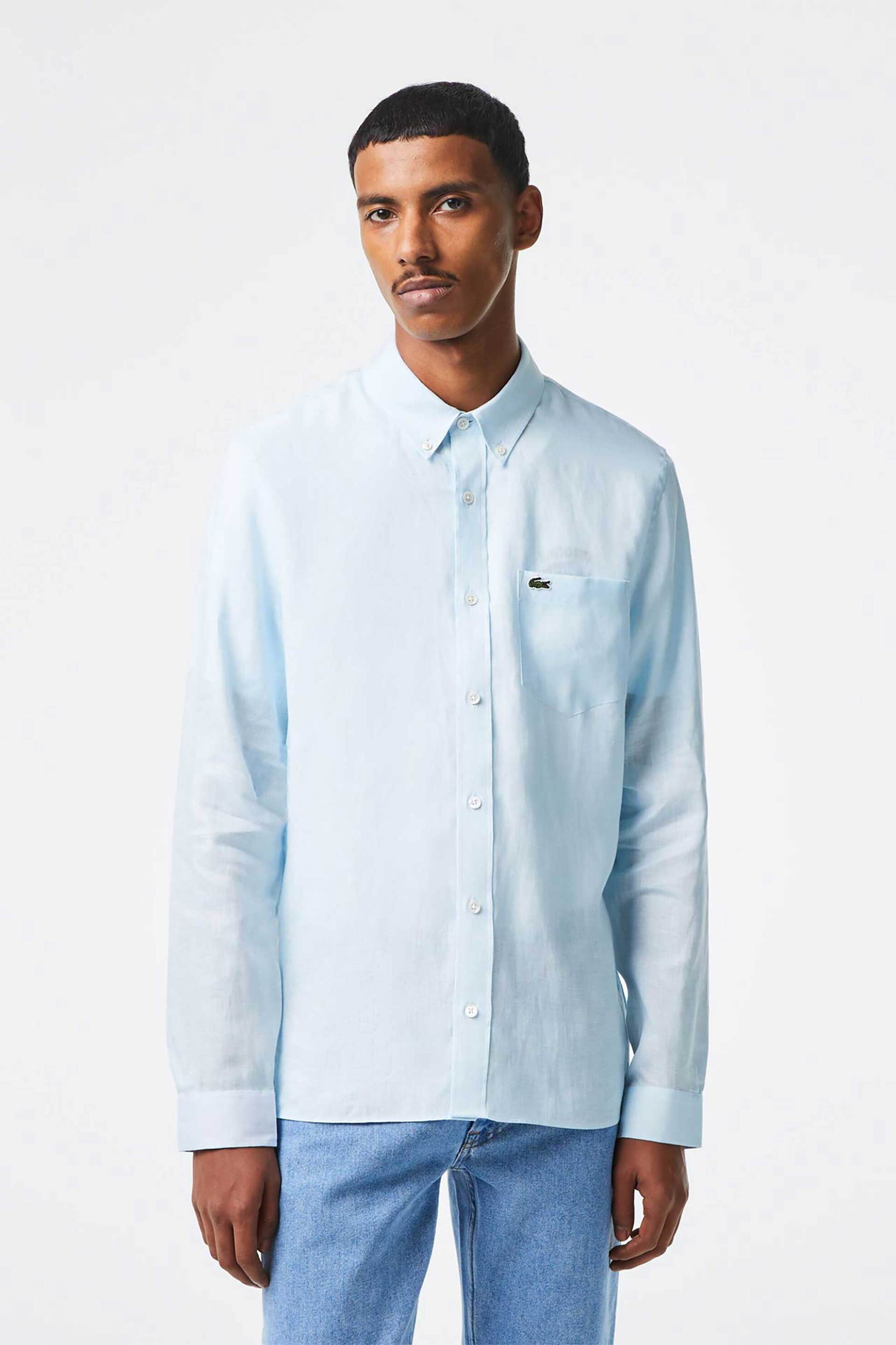 Lacoste ανδρικό λινό πουκάμισο button down με τσέπη και κεντημένο λογότυπο Regular Fit - CH5692 Σιελ