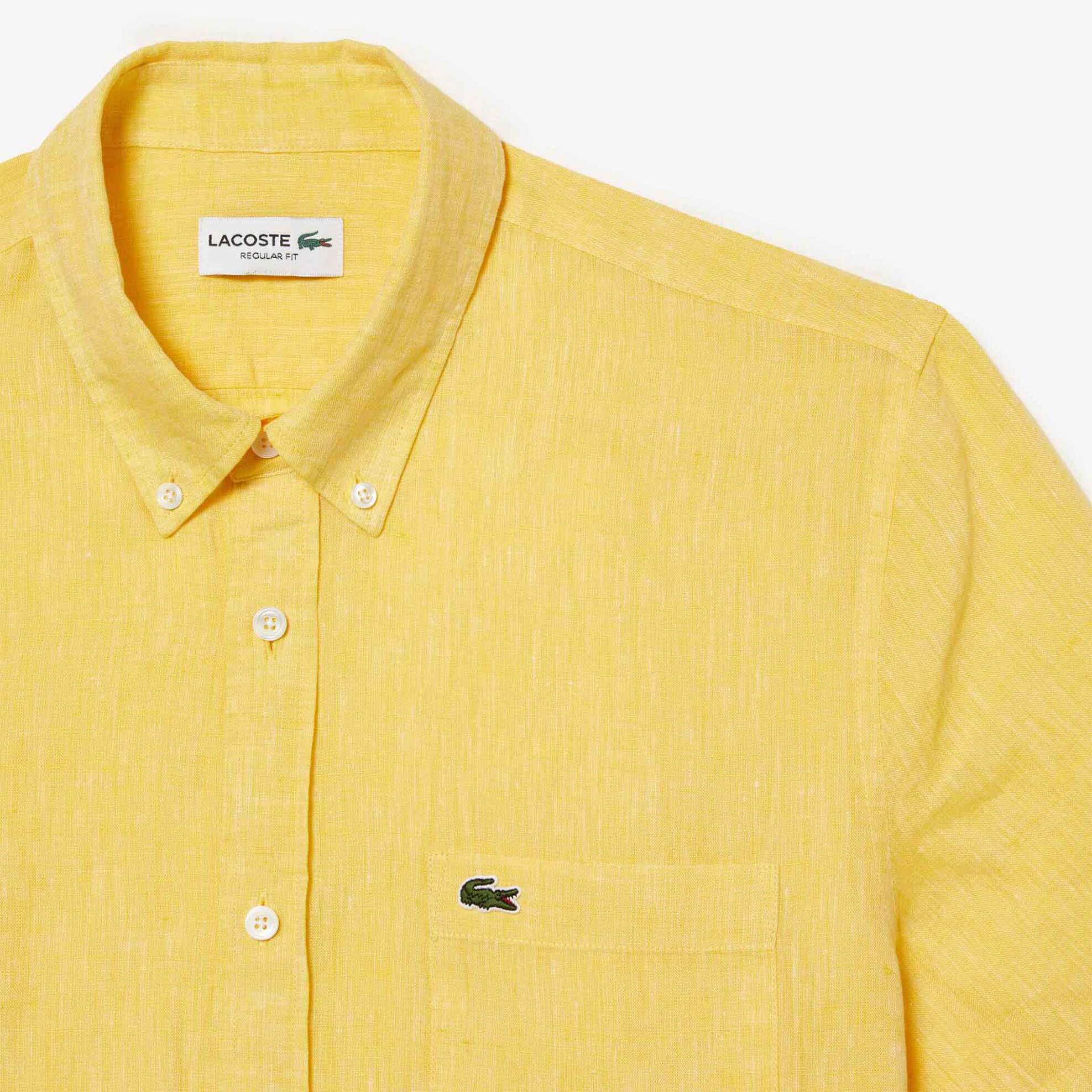 Lacoste Ανδρικό Λινό Πουκάμισο Κοντομάνικο με Τσέπη Και Κεντημένο Λογότυπο Regular Fit - Ch5699 Κίτρινο