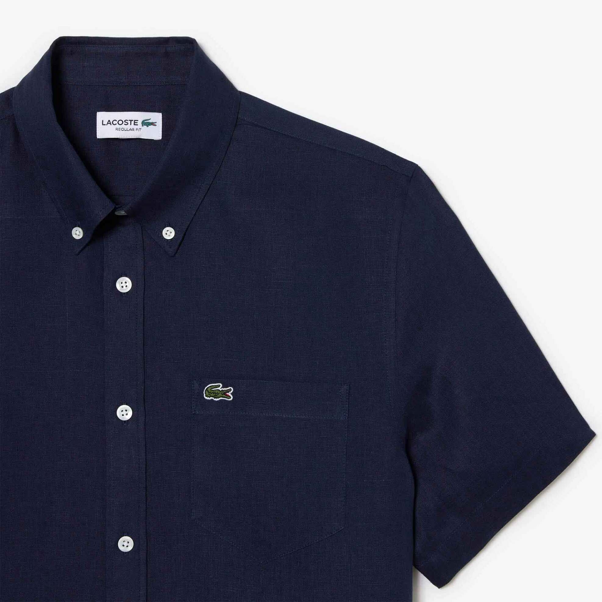 Lacoste Ανδρικό Λινό Πουκάμισο Κοντομάνικο με Τσέπη Και Κεντημένο Λογότυπο Regular Fit - Ch5699 Μπλε Marine
