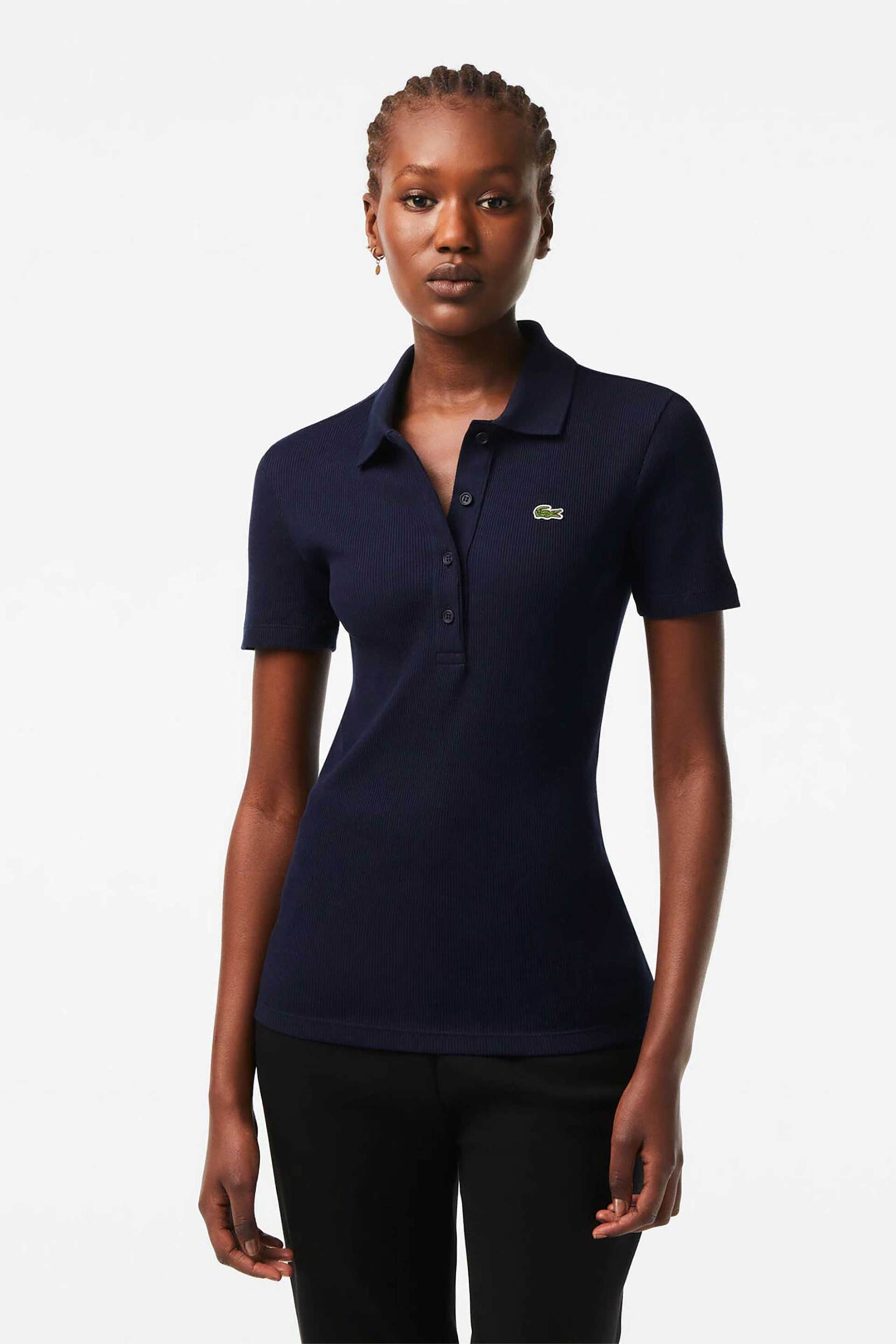 Lacoste Lacoste γυναικεία μπλούζα πόλο ribbed με κεντημένο λογότυπο Slim Fit - DF5377 Μπλε Σκούρο