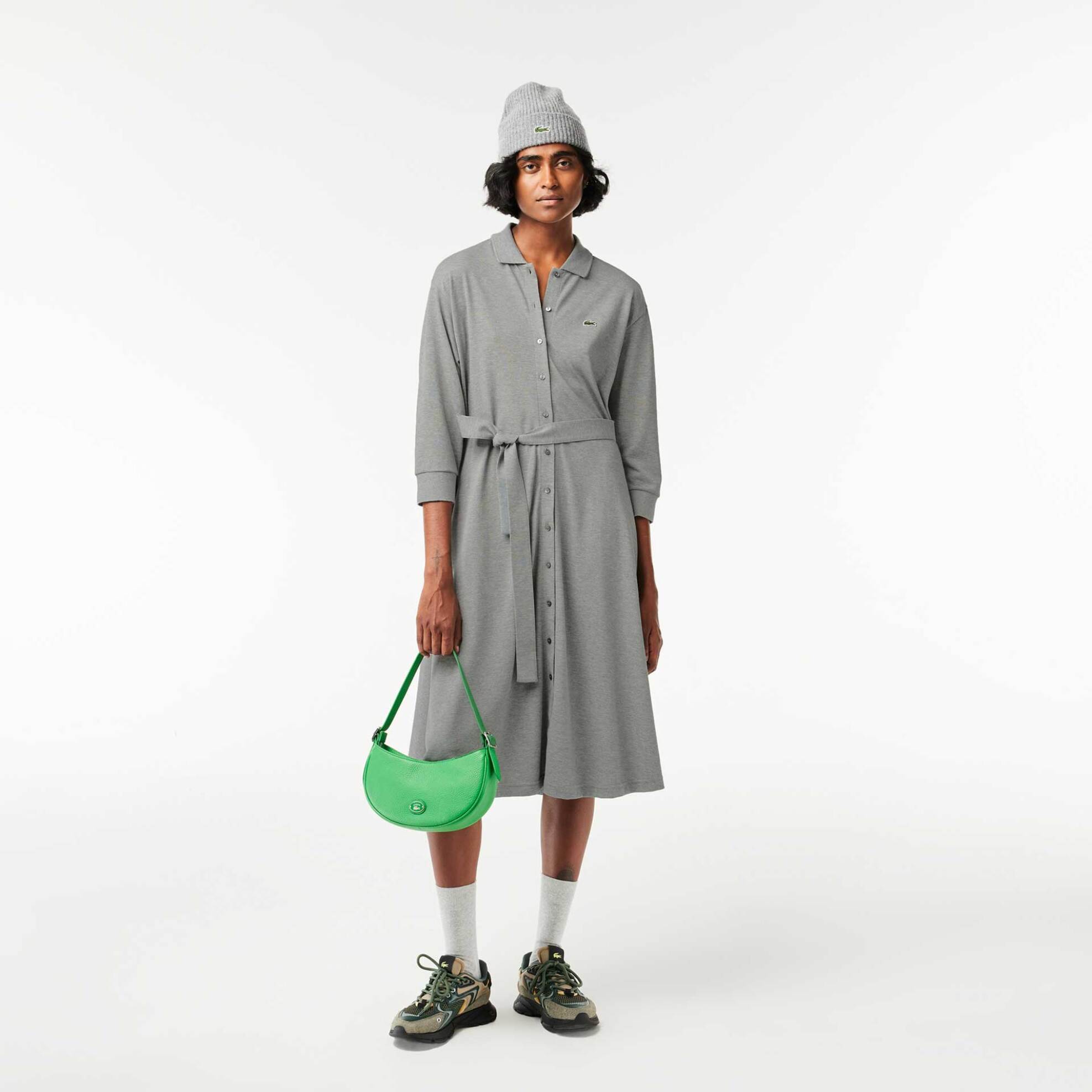 LACOSTE Lacoste γυναικείο midi φόρεμα σεμιζιέ πικέ μονόχρωμο με 3/4 μανίκι και κεντημένο λογότυπο - EF0850 Γκρι - 3
