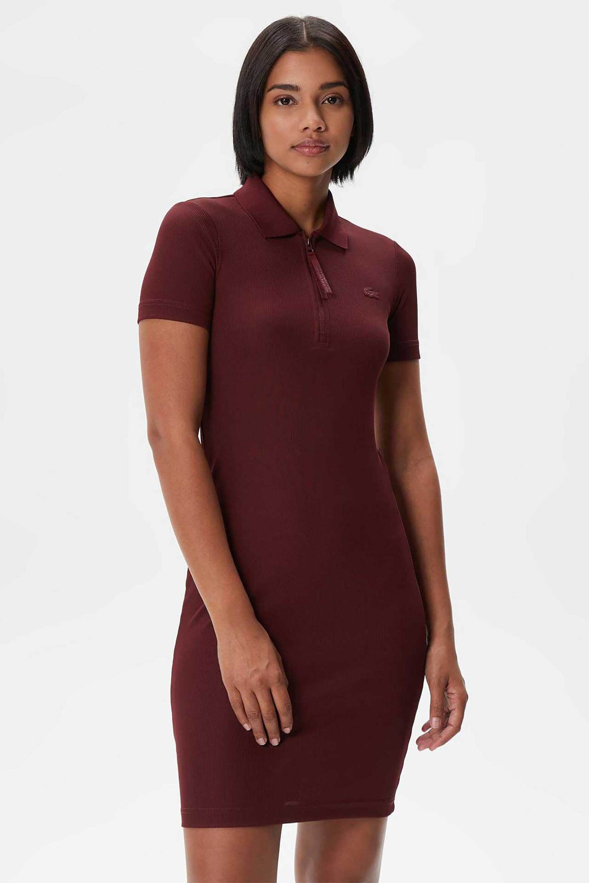 Lacoste γυναικείο mini φόρεμα πόλο μονόχρωμο με κεντημένο λογότυπο Slim Fit - EF3442 Μπορντό