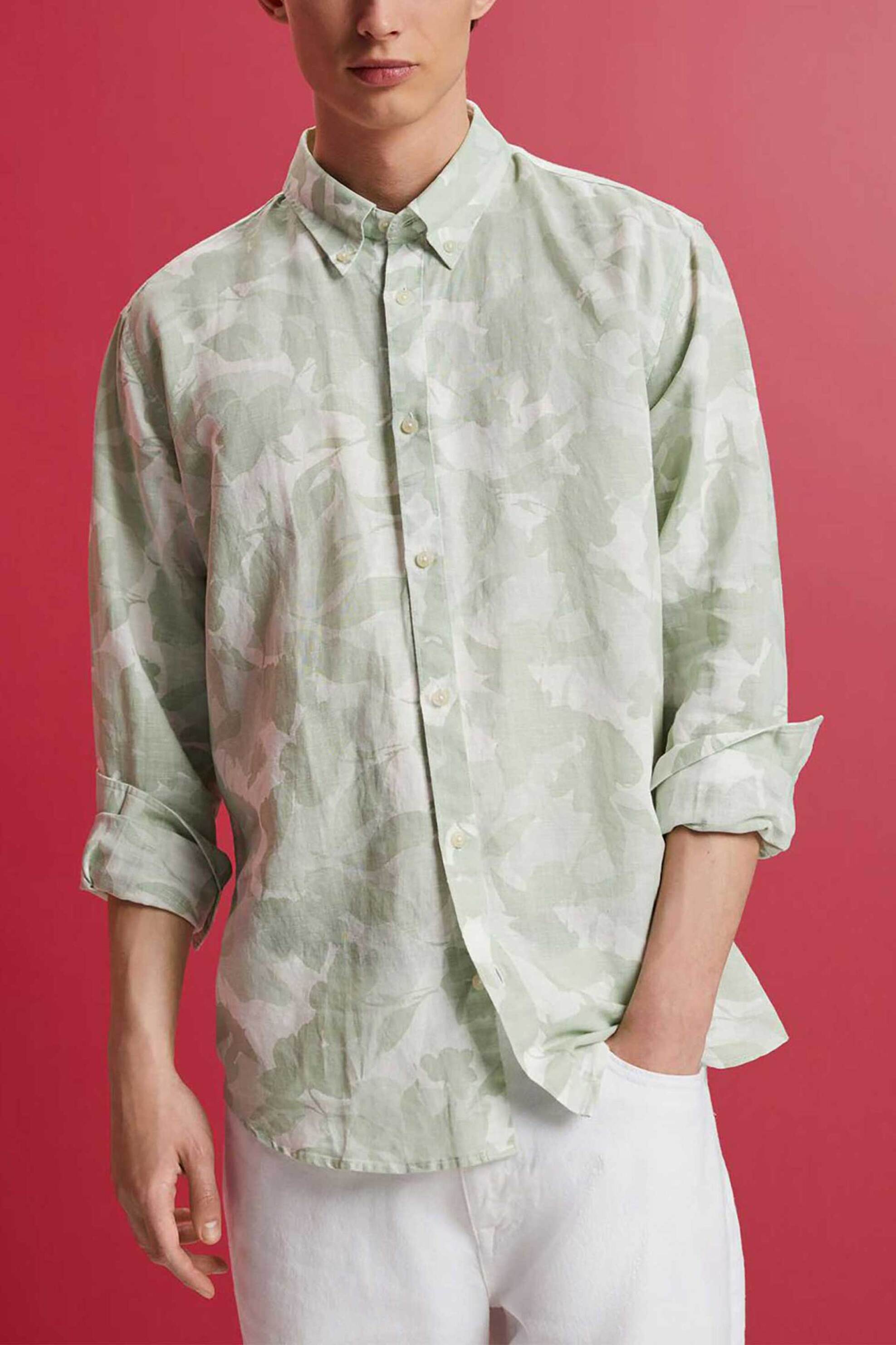 ESPRIT Esprit ανδρικό λινό πουκάμισο με all-over print και button-down γιακά - 043EE2F306 Πράσινο Ανοιχτό