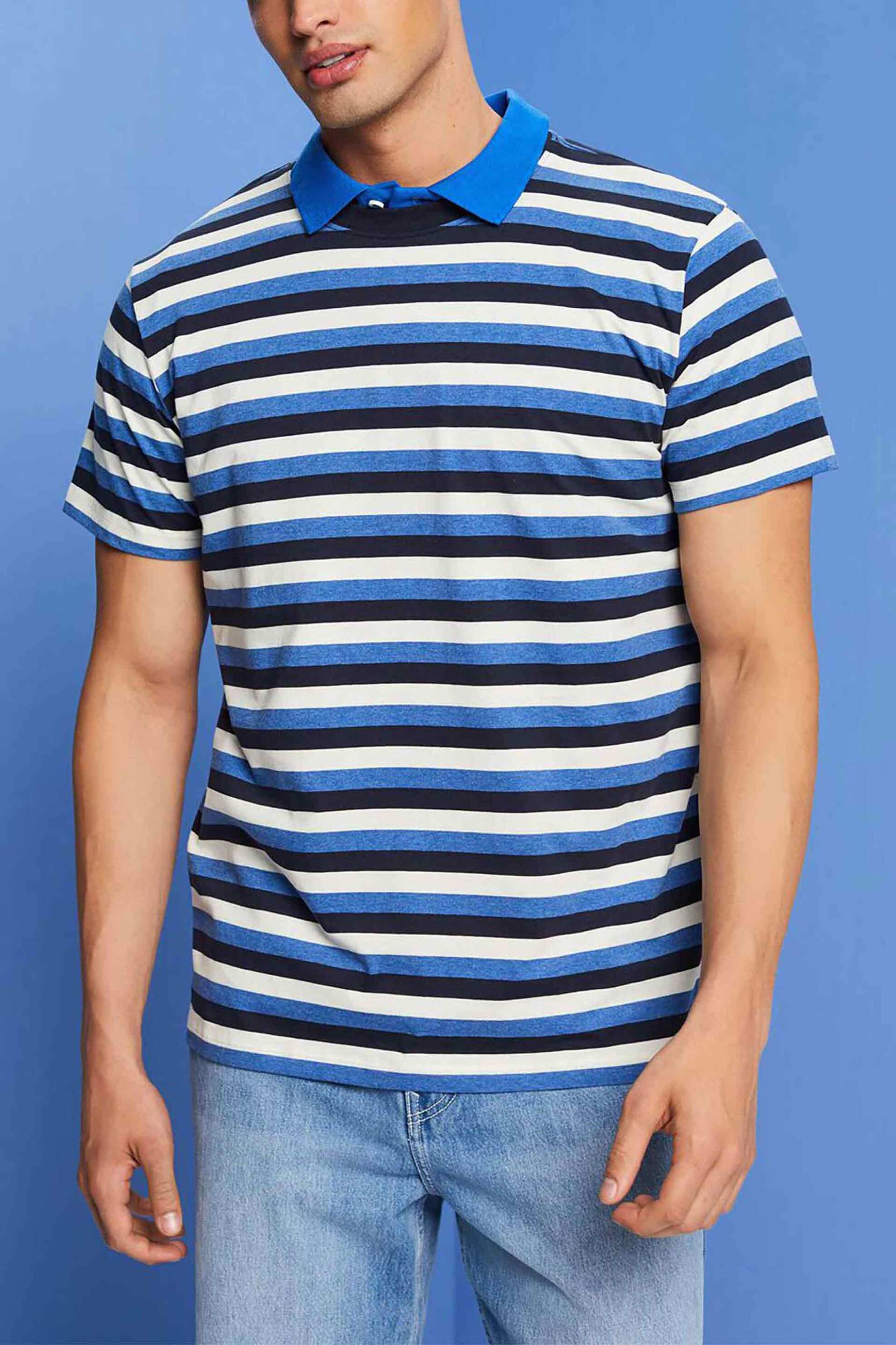 Esprit ανδρικό T-shirt με στρογγυλή λαιμόκοψη και τρίχρωμο ριγέ σχέδιο - 043EE2K314 Μπλε Σκούρο