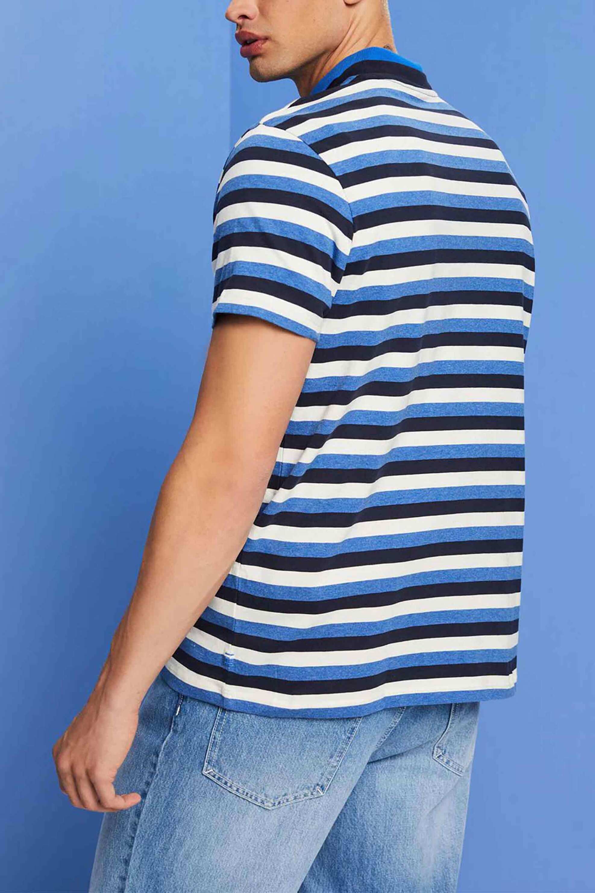 Esprit ανδρικό T-shirt με στρογγυλή λαιμόκοψη και τρίχρωμο ριγέ σχέδιο - 043EE2K314 Μπλε Σκούρο φωτογραφία
