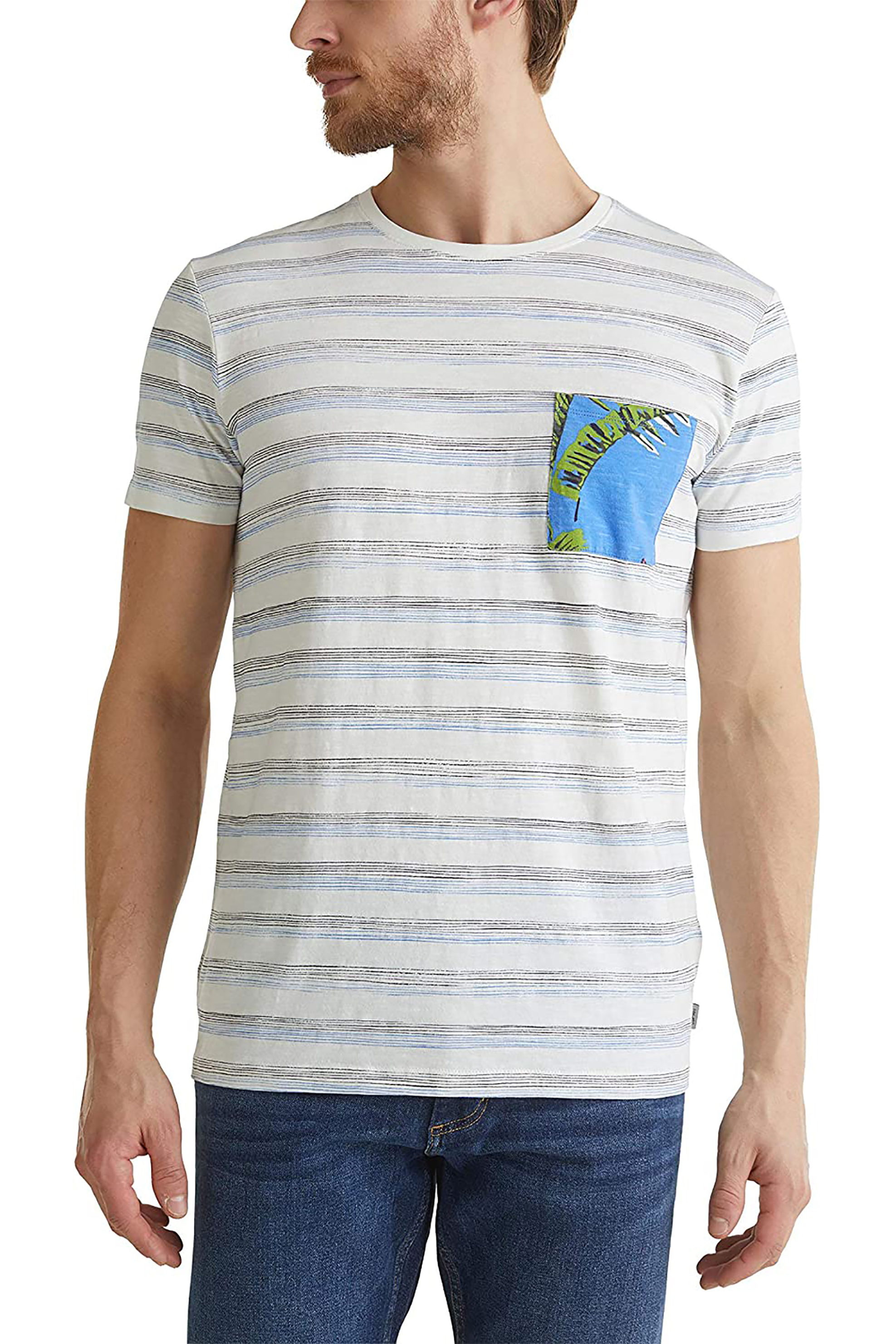 Esprit ανδρικό T-Shirt με ριγέ σχέδιο και floral τσέπη - 050EE2K302 Λευκό 3ET-050EE2K302|ET112|M