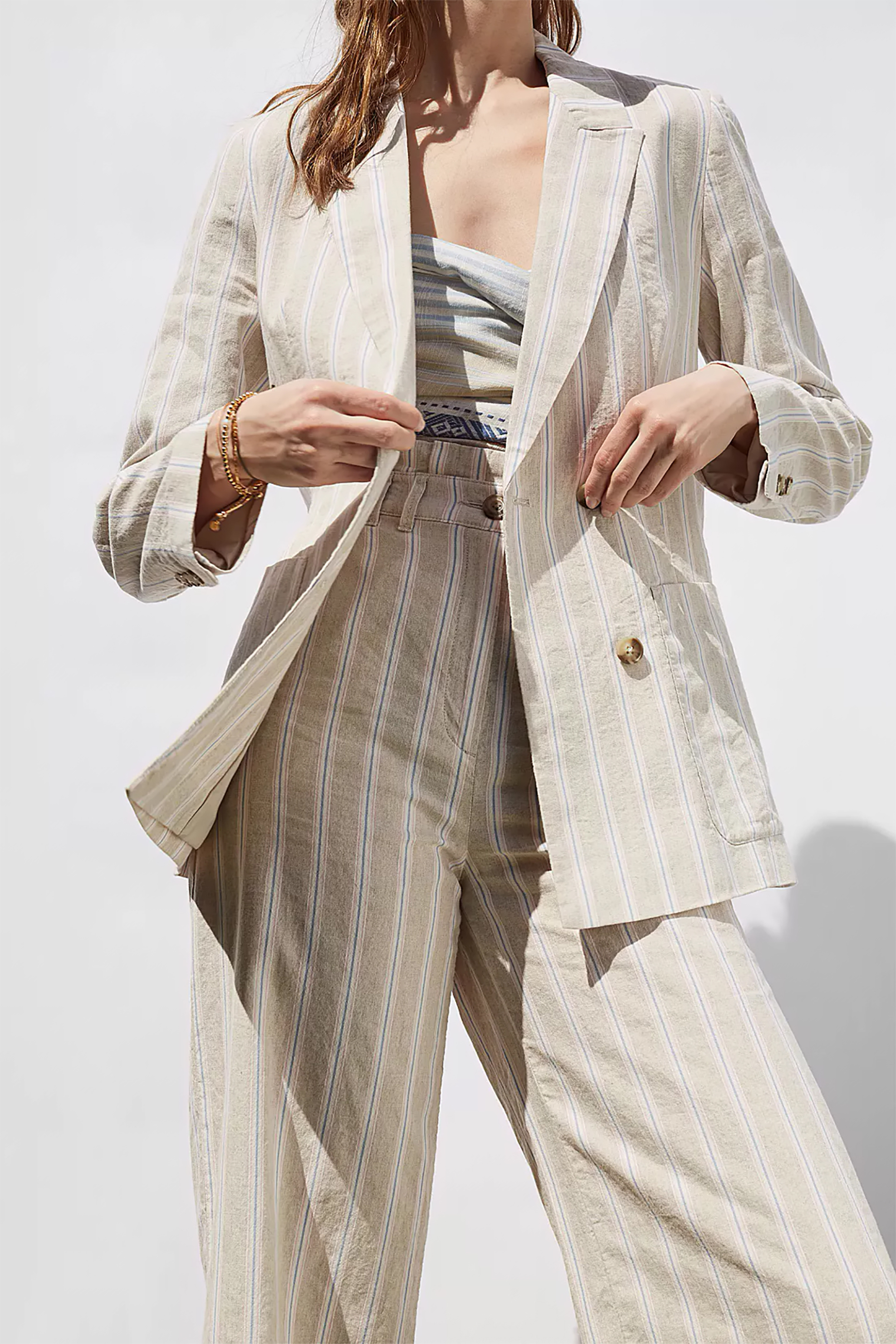 Esprit γυναικείο blazer με σταυρωτό κούμπωμα και ριγέ σχέδιο - 051EE1G304 Μπεζ φωτογραφία