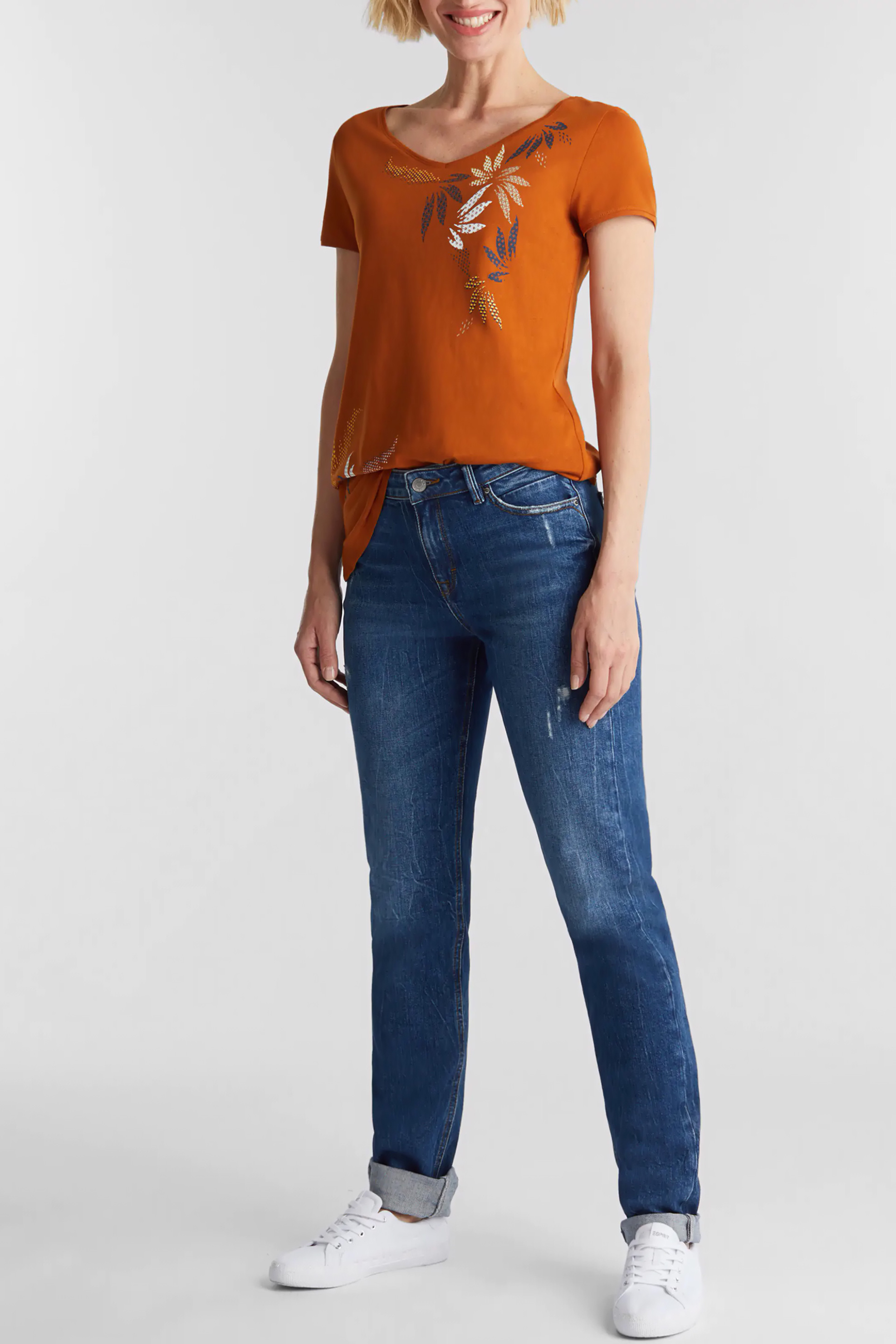 Esprit γυναικείο T-shirt με floral print και V λαιμόκοψη - 070EE1K321 Κεραμιδί φωτογραφία