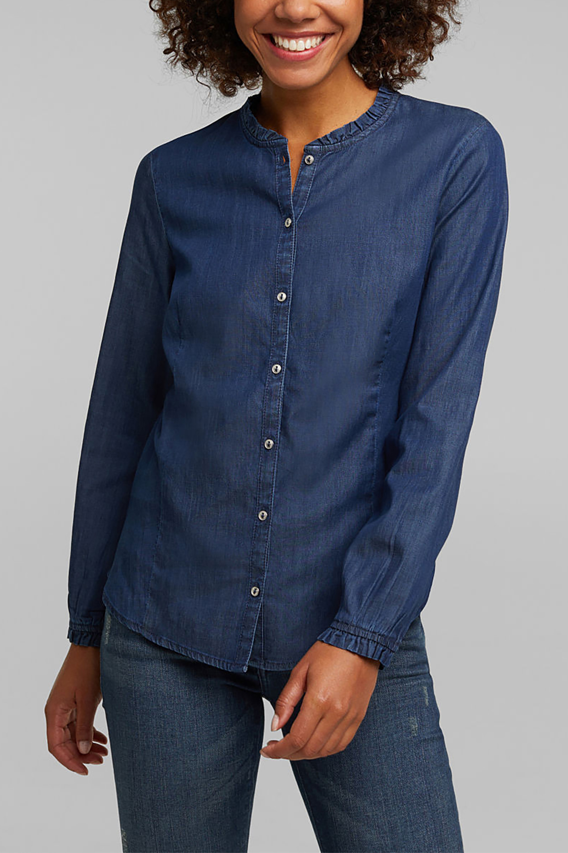 Esprit Esprit γυναικείο denim πουκάμισο μονόχρωμο με μάο γιακά - 100EE1F316 Μπλε 2025