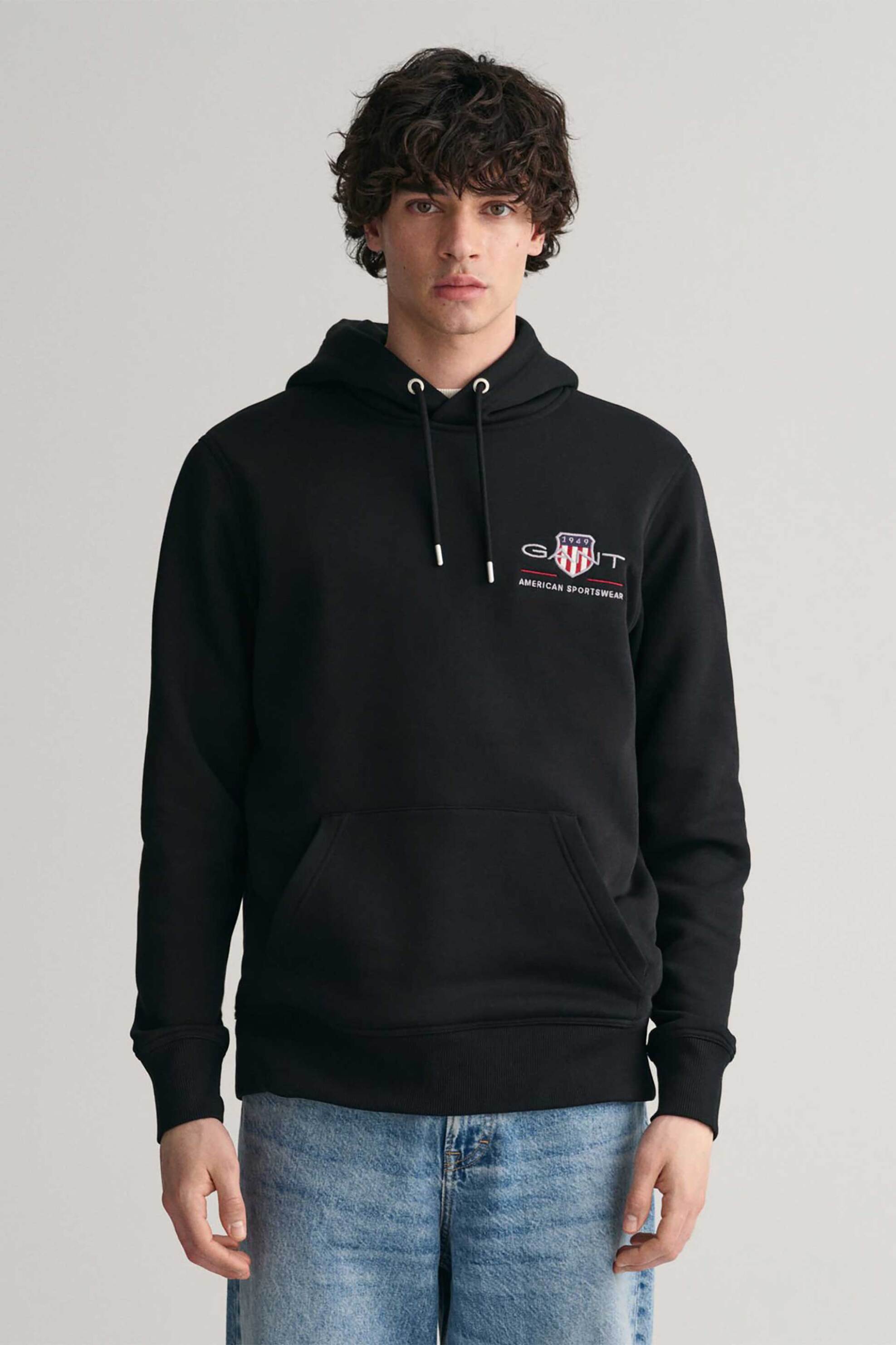 Gant ανδρική μπλούζα φούτερ με κουκούλα και λογότυπο Regular Fit - 2047084 Μαύρο