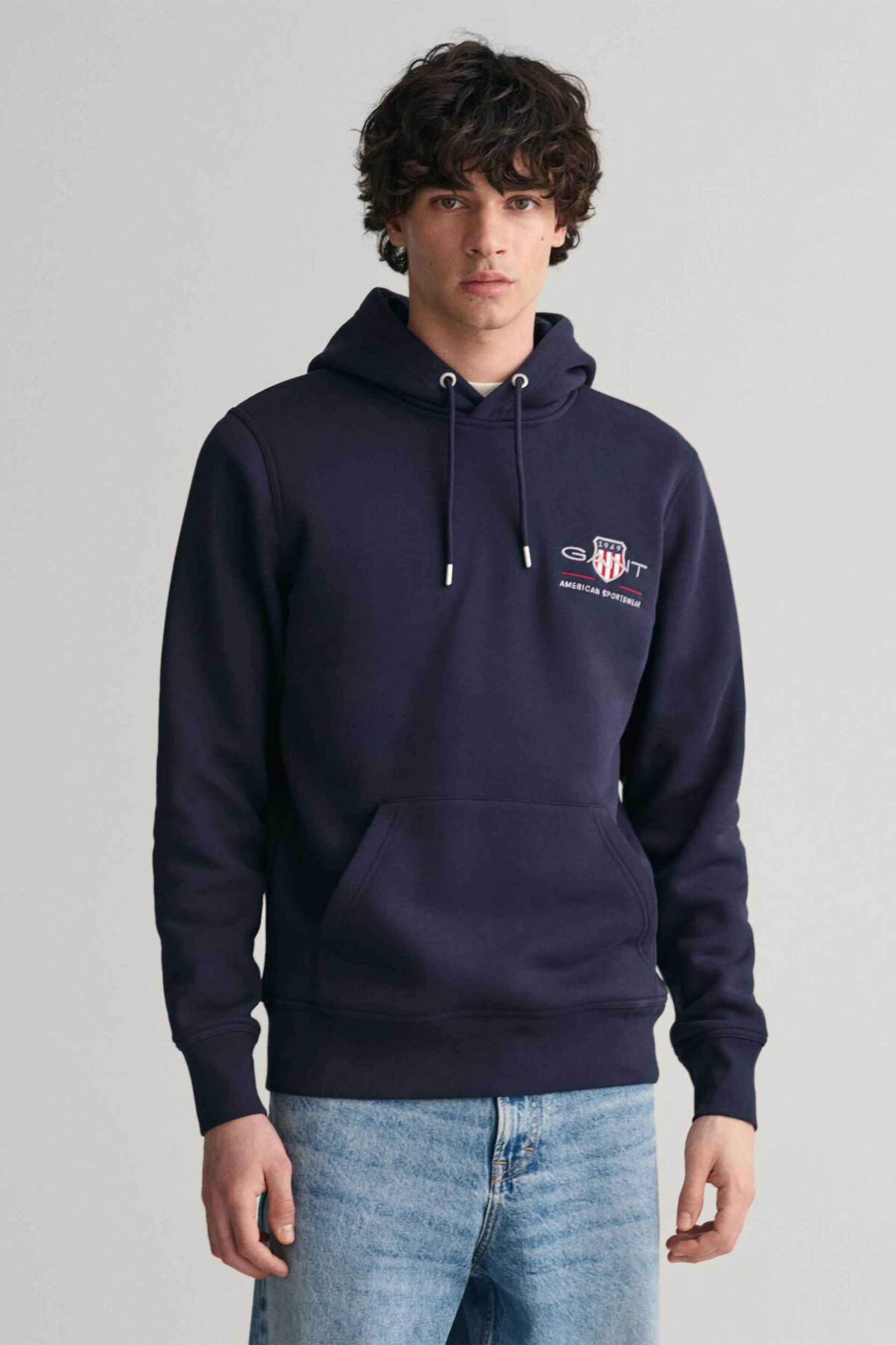 Gant ανδρική μπλούζα φούτερ με κουκούλα και λογότυπο Regular Fit - 2047084 Μπλε Σκούρο