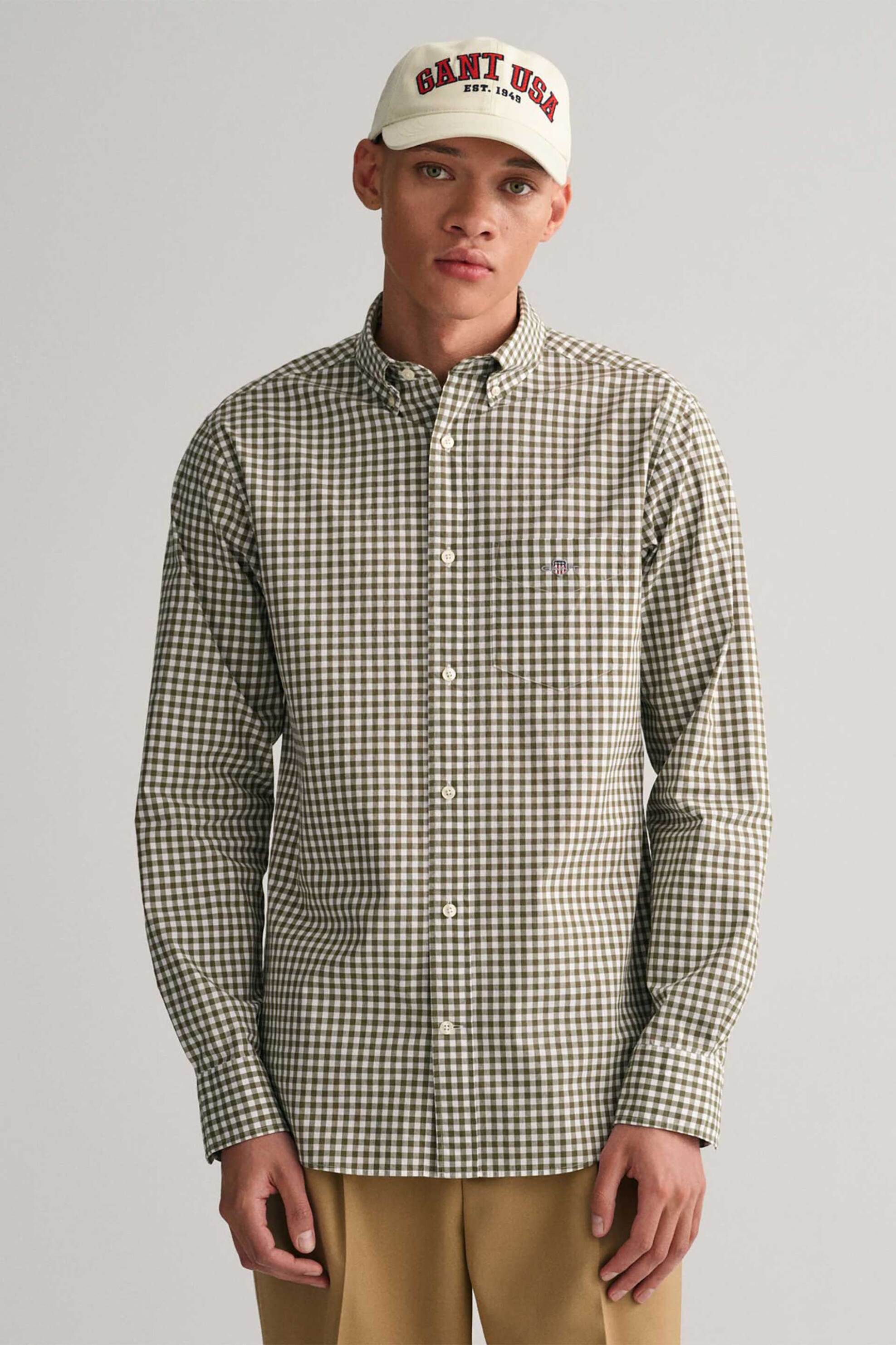Gant ανδρικό πουκάμισο button down classic poplin με καρό σχέδιο και τσέπη με κεντημένο λογότυπο Regular Fit - 3000120 Λαδί