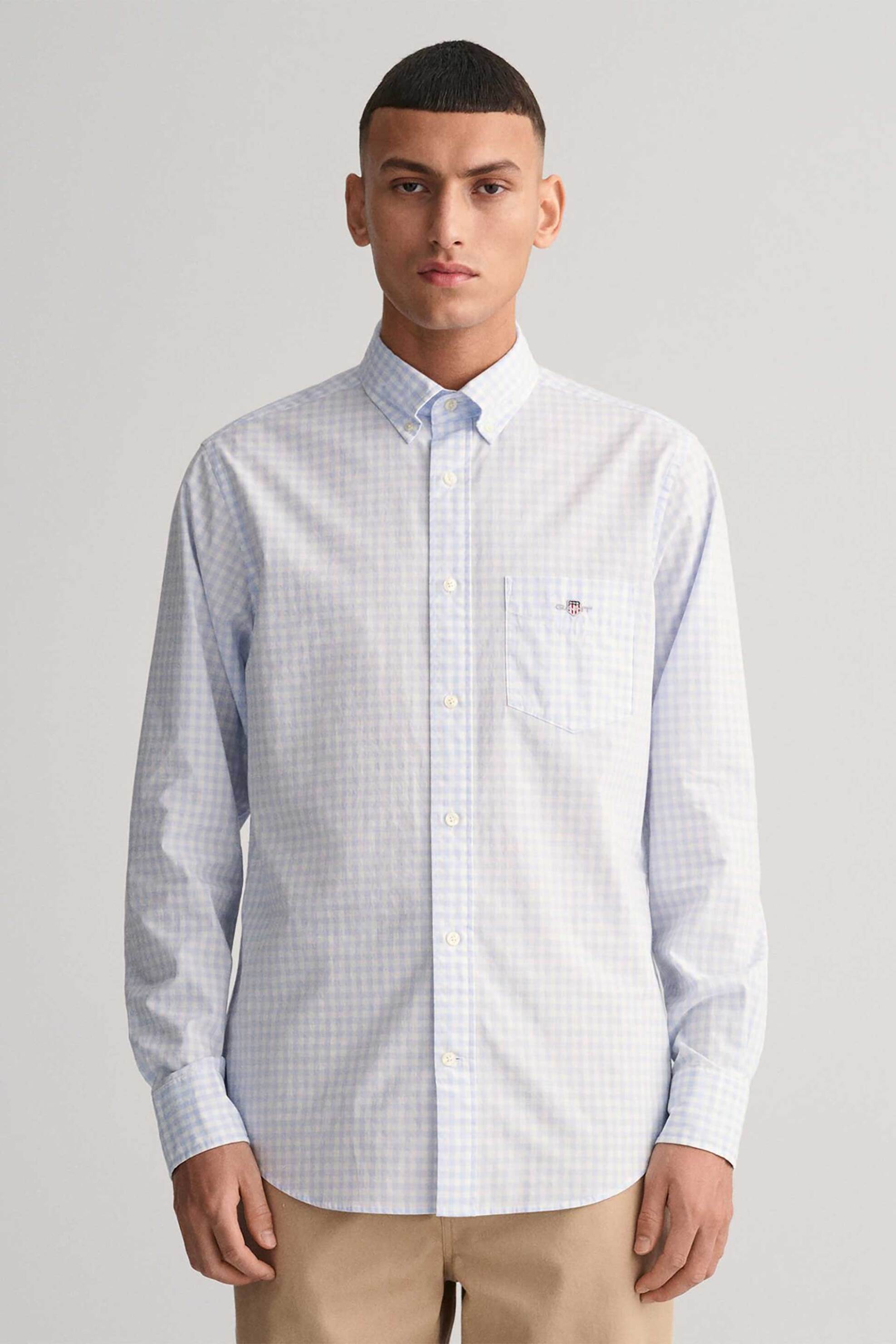 Gant ανδρικό πουκάμισο button down classic poplin με καρό σχέδιο και τσέπη με κεντημένο λογότυπο Regular Fit - 3000120 Σιελ