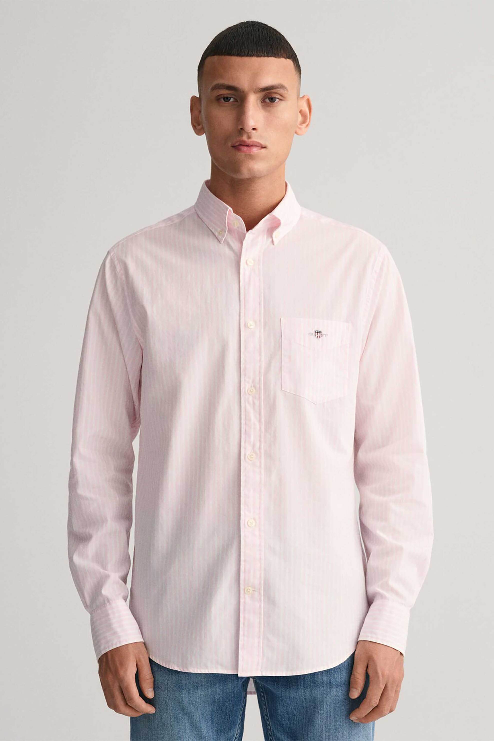 Gant ανδρικό πουκάμισο button down classic poplin με ριγέ σχέδιο και τσέπη με κεντημένο λογότυπο Regular Fit - 3000130 Ροζ Ανοιχτό