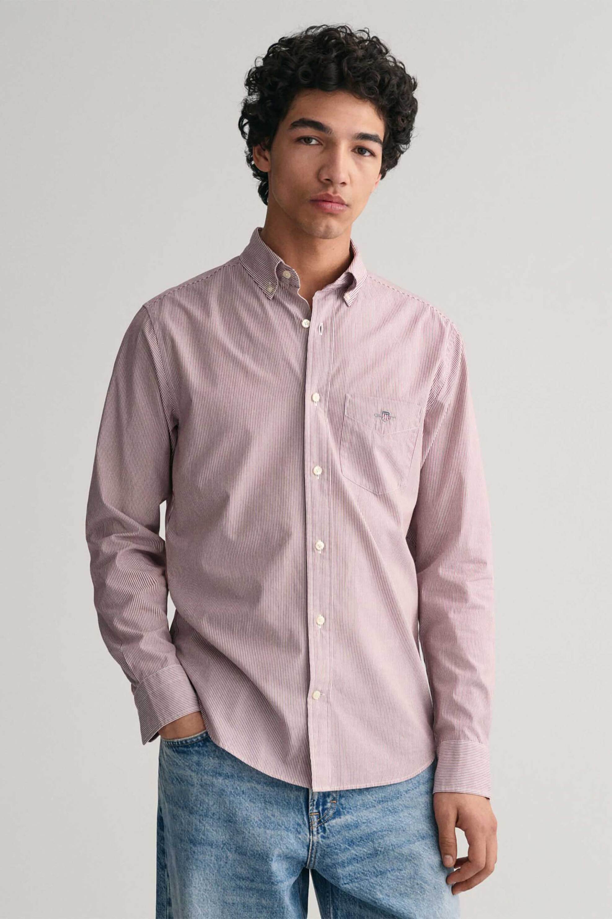 Gant ανδρικό πουκάμισο button down με ψιλό ριγέ σχέδιο και τσέπη με κεντημένο λογότυπο Regular Fit - 3000140 Μπορντό