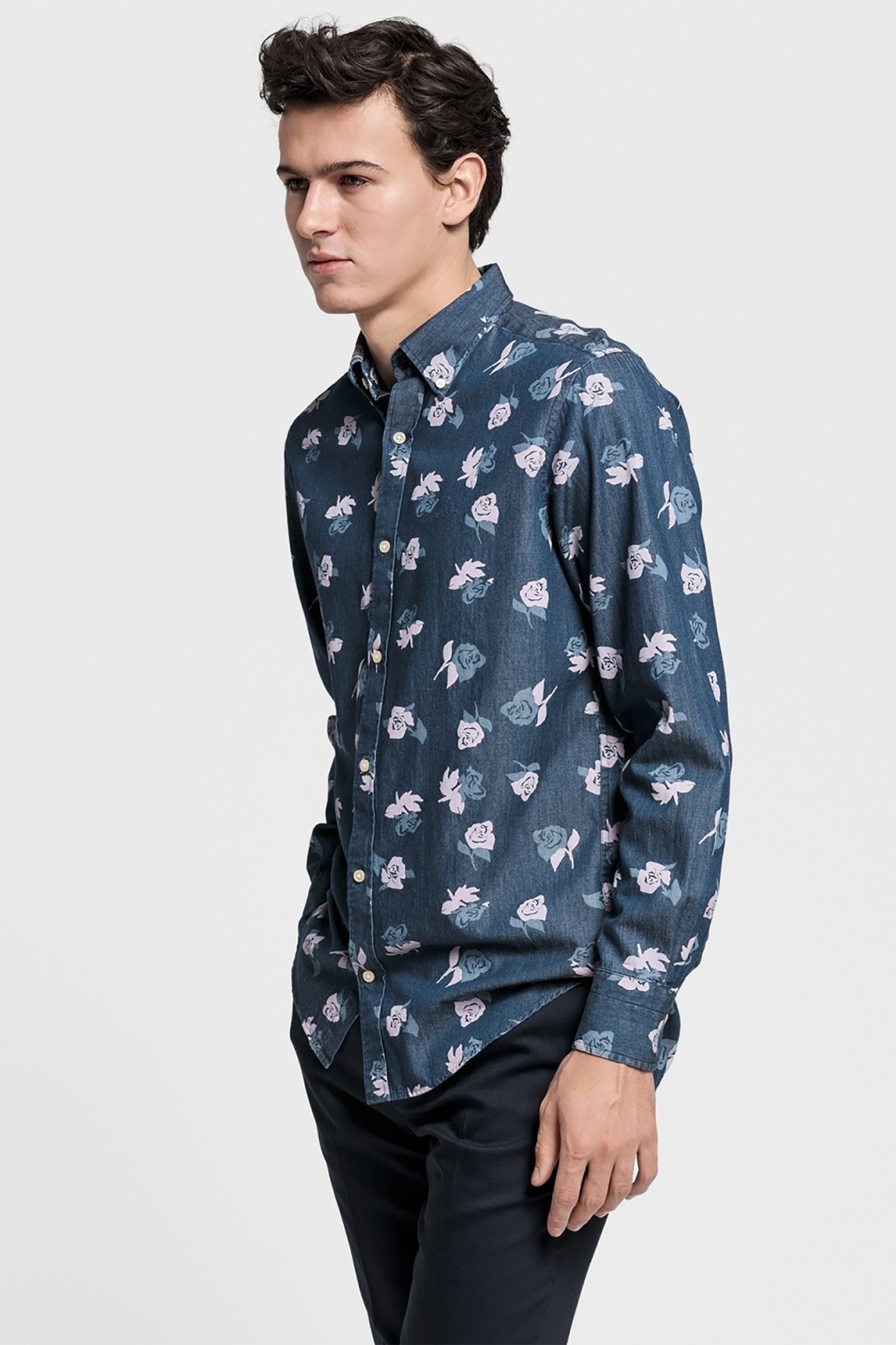 Gant ανδρικό πουκάμισο denim με print τριαντάφυλλα - 3007320 Μπλε Σκούρο