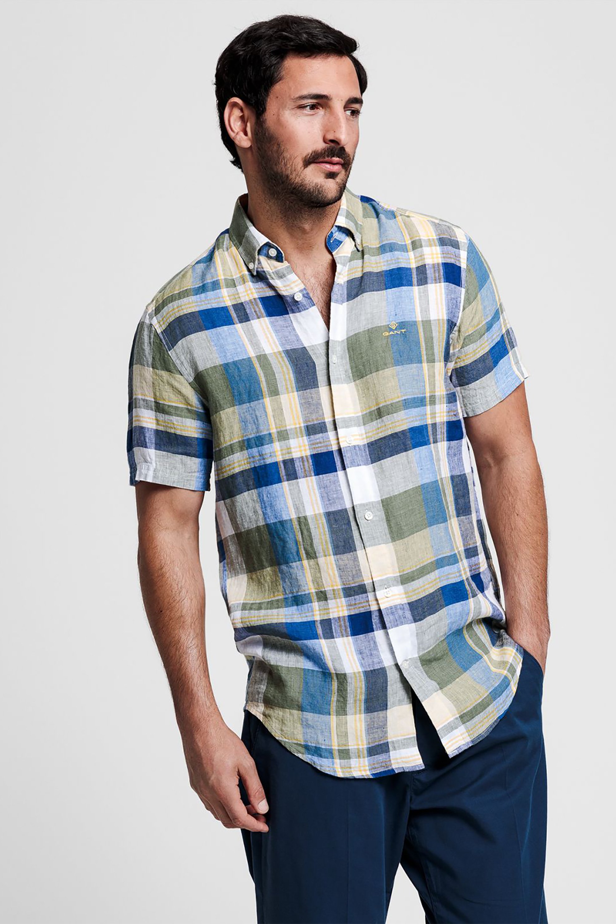 Gant ανδρικό λινό πουκάμισο κοντομάνικο με καρό σχέδιο "Madras Shirt" - 3013621 Κίτρινο